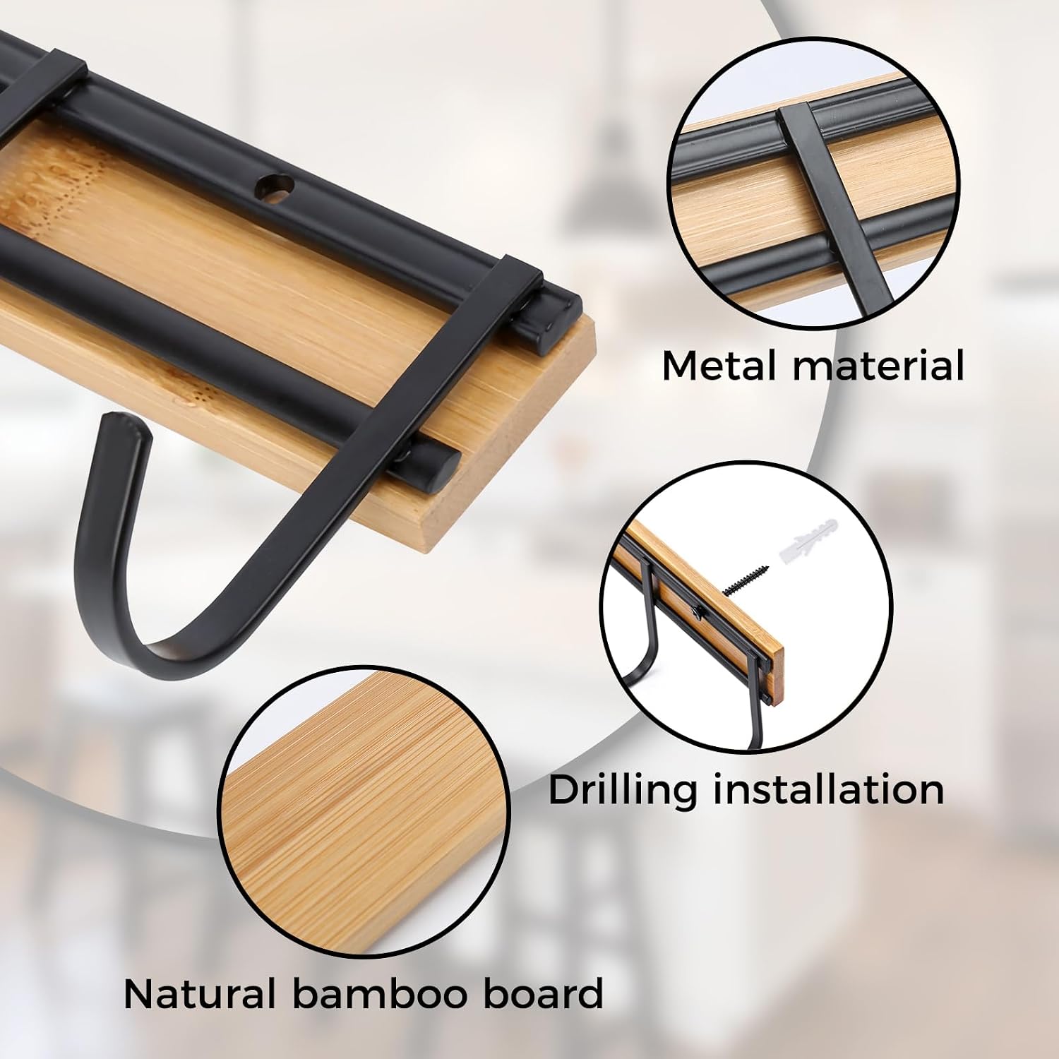 6 Hooks / Kitchen Wall Hooks / Bamboo + Screws / Set of 2