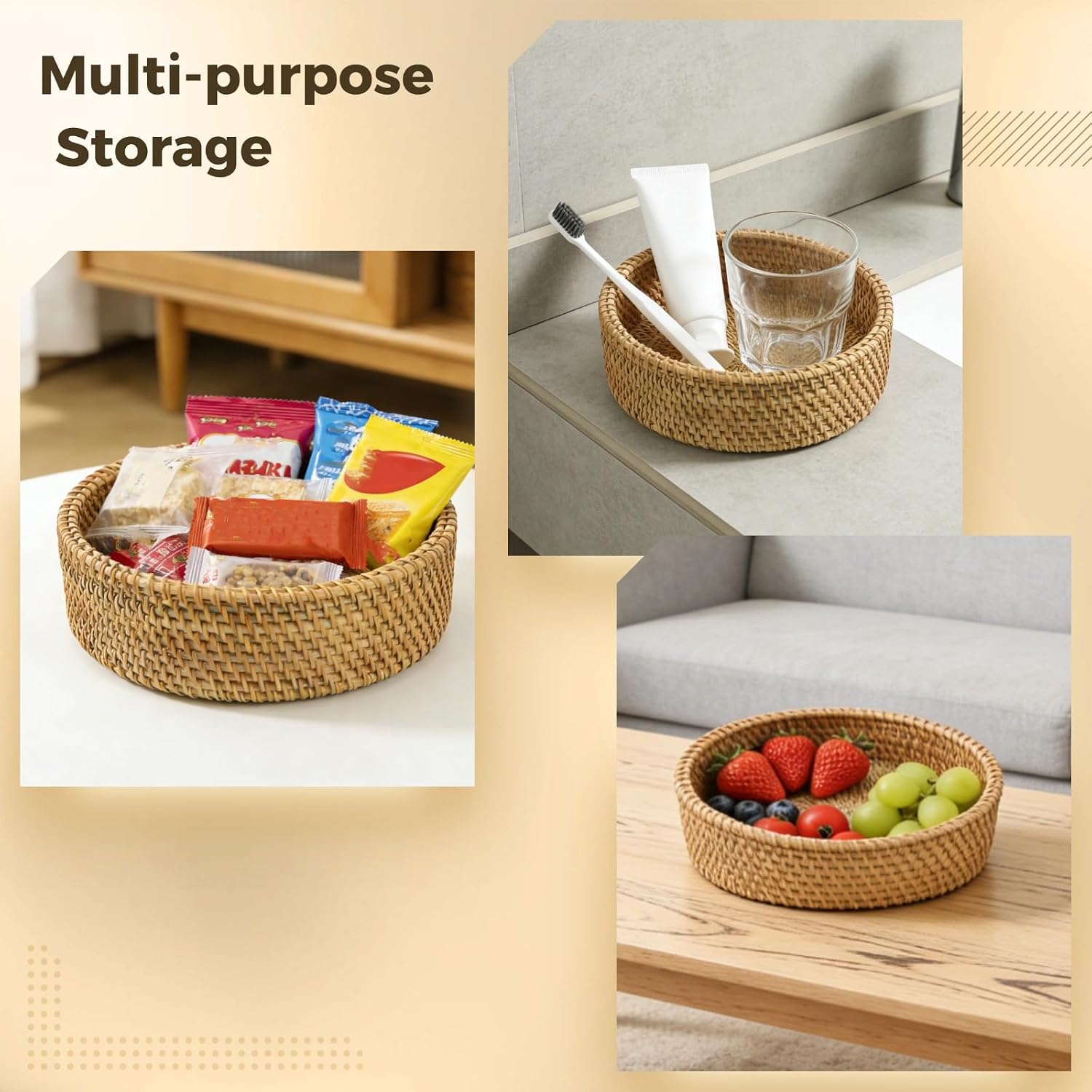 Rattan Basket / Lidded Wicker Storage Basket for Organizing / Natural