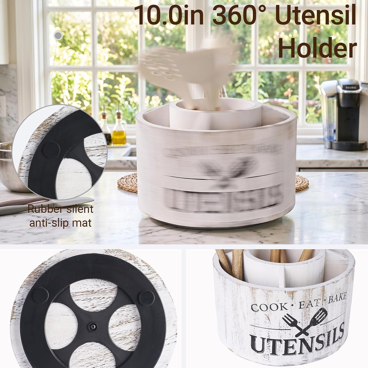 10.2 Inch Extra Large 360° Rotating Utensil Holder | Farmhouse Kitchen 5 Compartments, Lazy Susan Utensil Crock for