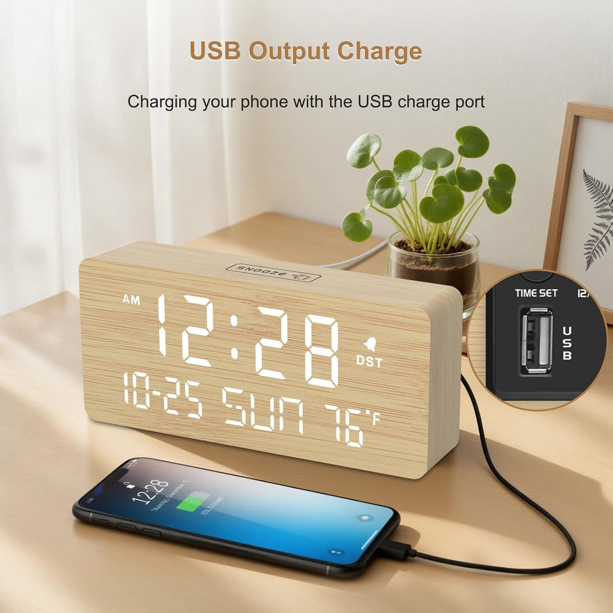 DreamSky Wooden Digital Alarm Clocks for Bedrooms with Date & Day of Week | Living Room Desk Clock, Temperature, USB