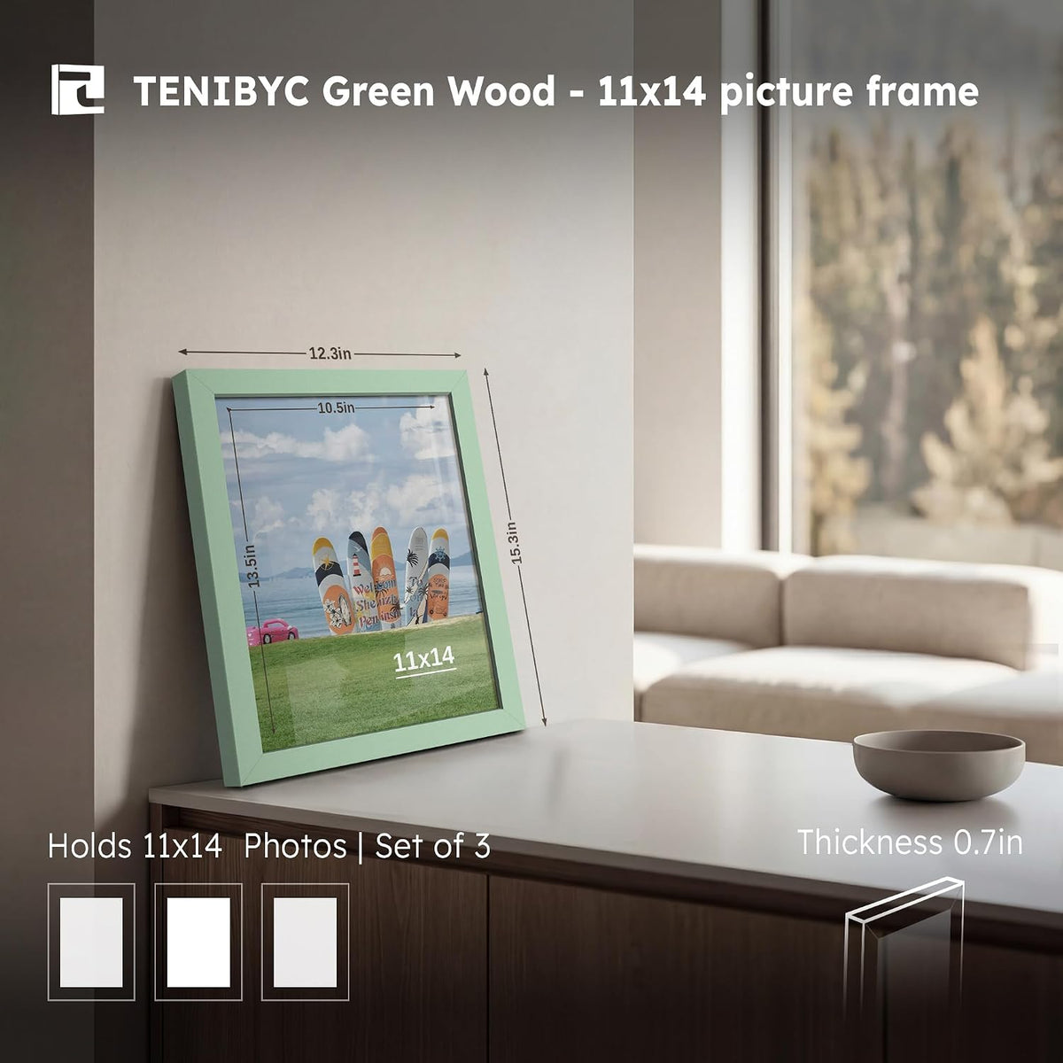 11x14 Picture Frame 3 Pack, Green Wood, Real Glass, for Photo, Art | Thick HD Tempered Glass, Wall Hanging, Horizontal