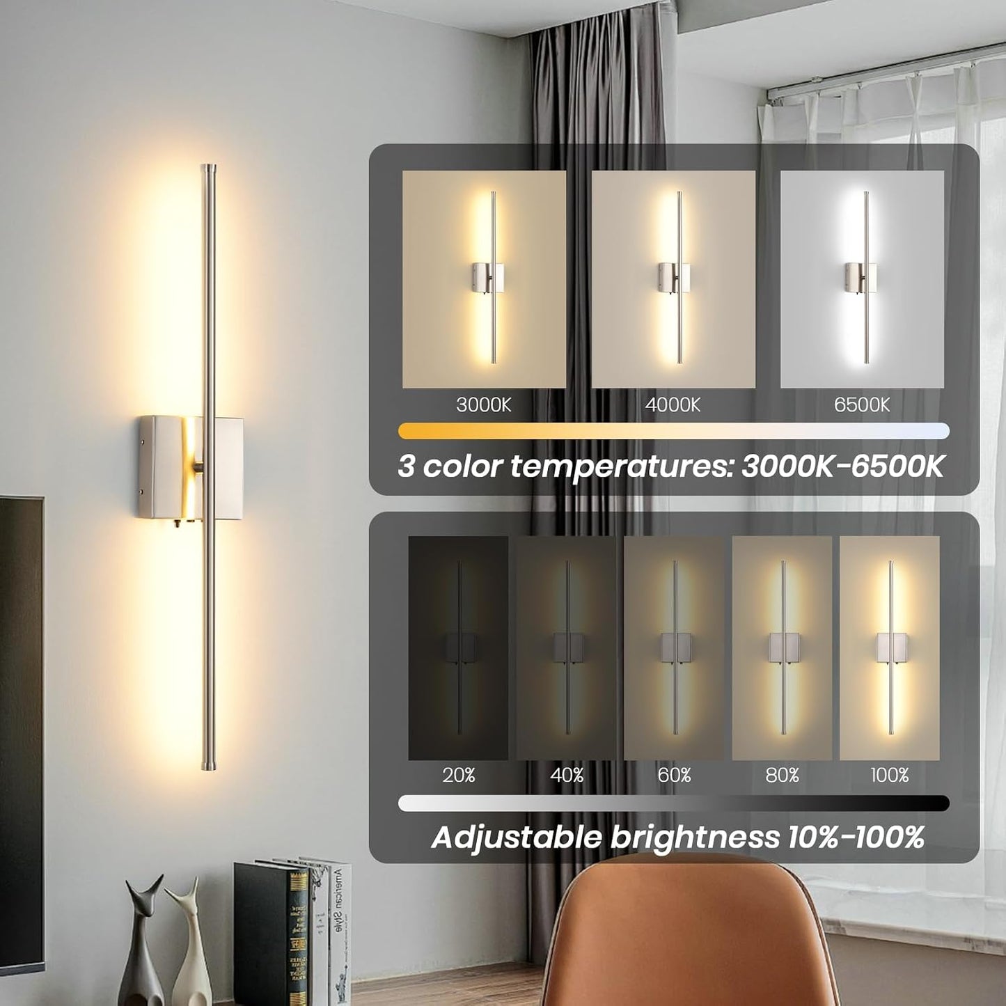 Wireless Battery Operated Wall Sconces, 11000mAh Rechargeable Brushed Nickel Wall Light with Remote Control, 350°Rotate