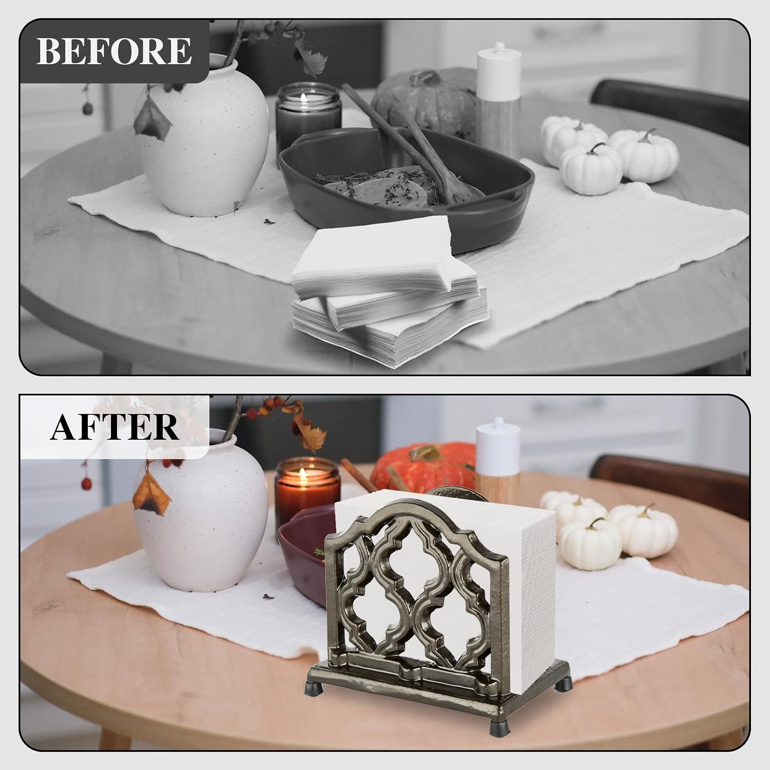 Vintage Metal Napkin Holder Cast Iron Napkin Holder Organizer / Coffee Gold / Quatrefoil Trellis