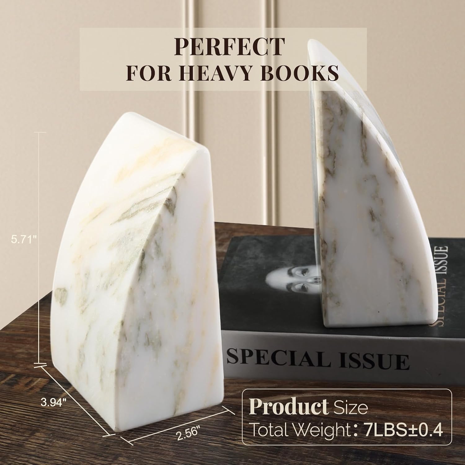 Marble Bookends / Large Bookends for Heavy Books / Sail-oriental Calacatta / Natural