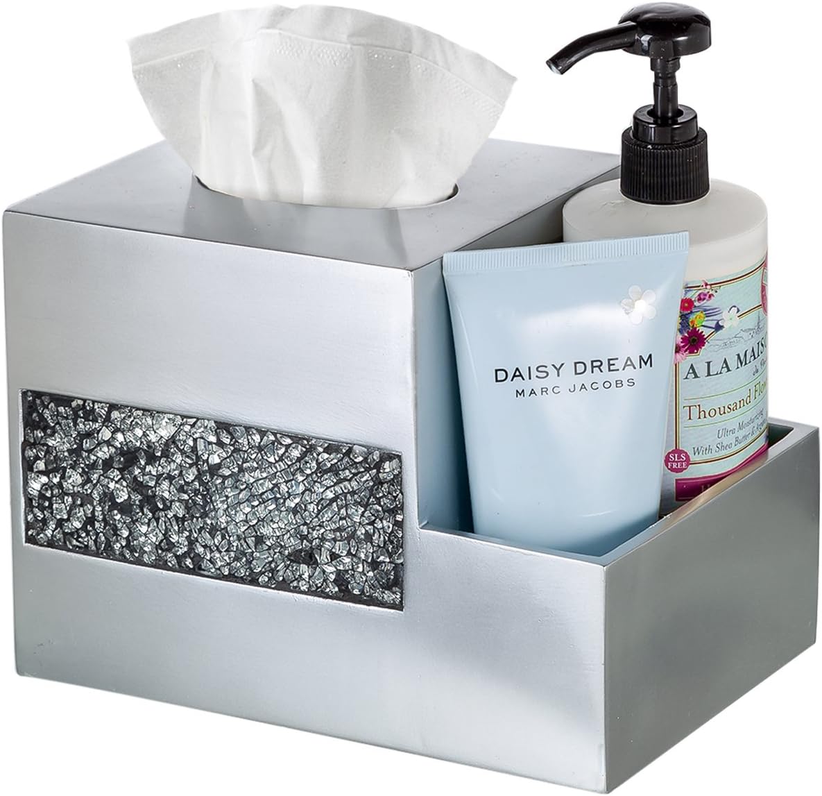 Crackled Glass Tissue Box Cover Square Silver Decorative Multi-function Storage Organizer Caddy; Tissue Box Holder &