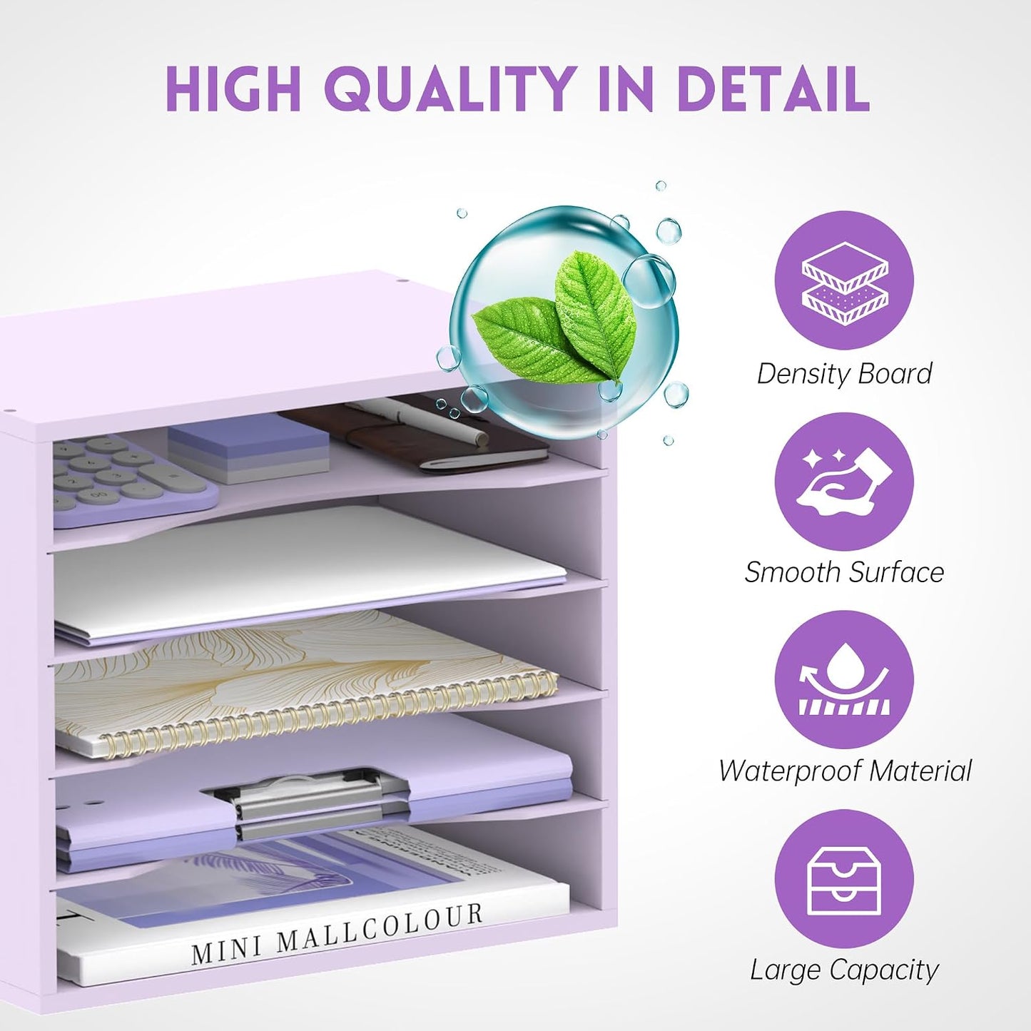 5 Tier Wood Desk Organizer, Paper Organizer for Desk, Purple | Wooden Desktop Organizer for Sorting Papers, Letters and