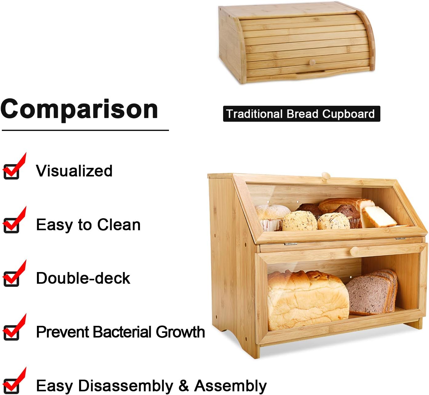 HOMEKOKO Double Layer Bread Box for Kitchen Countertop, Natural Bamboo | Keeps Bread Fresh 3-4 Days, Large Capacity