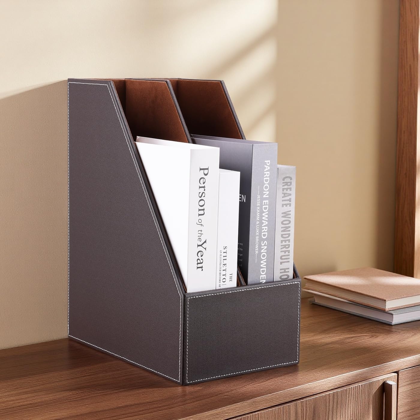 Wooden Leatherette Desktop File Folder Organizer and Document File Stand Journals Magazine Rack 2 Slots (brown)