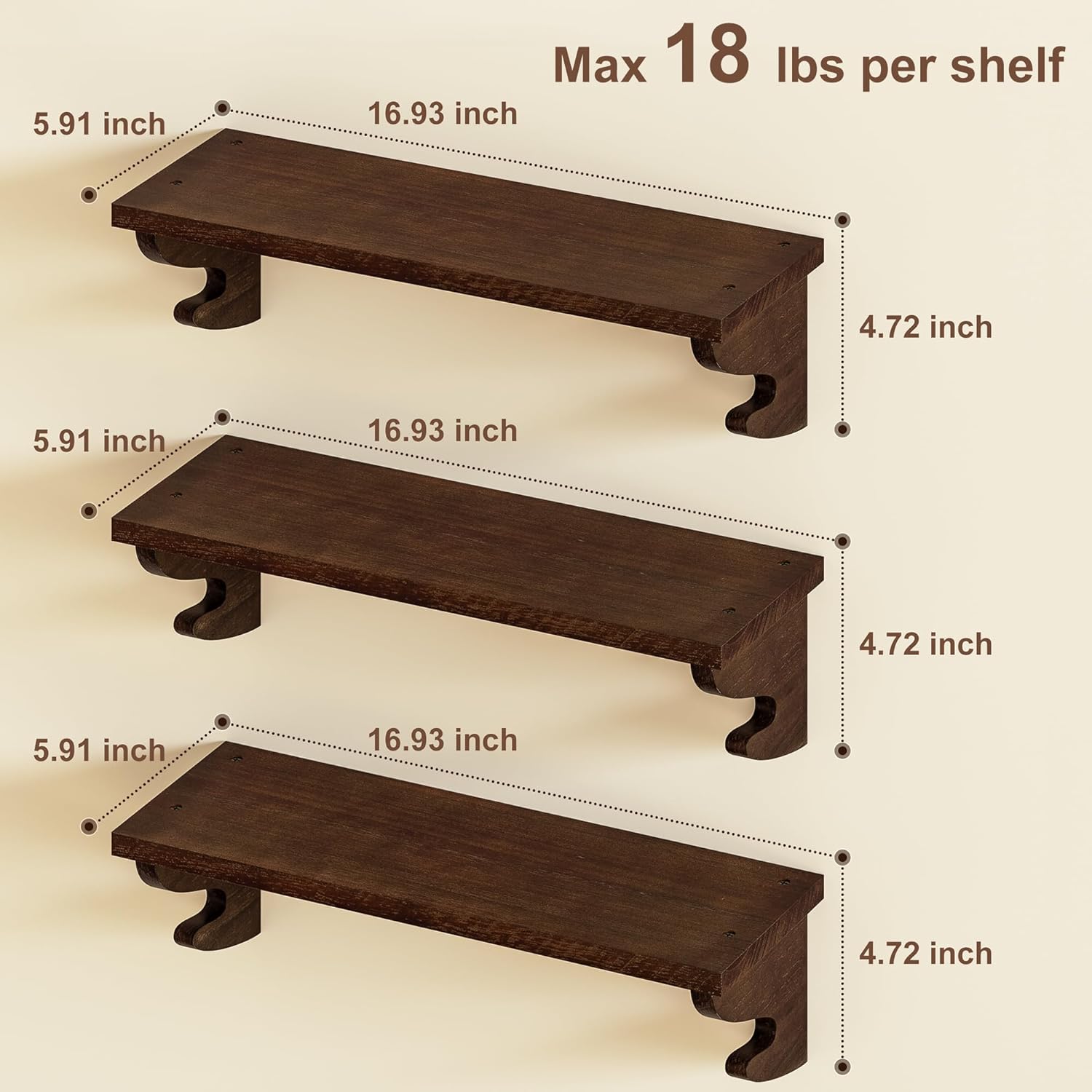 Rustic Wall Shelves / Light Walnut / 17 Inch / Set of 3