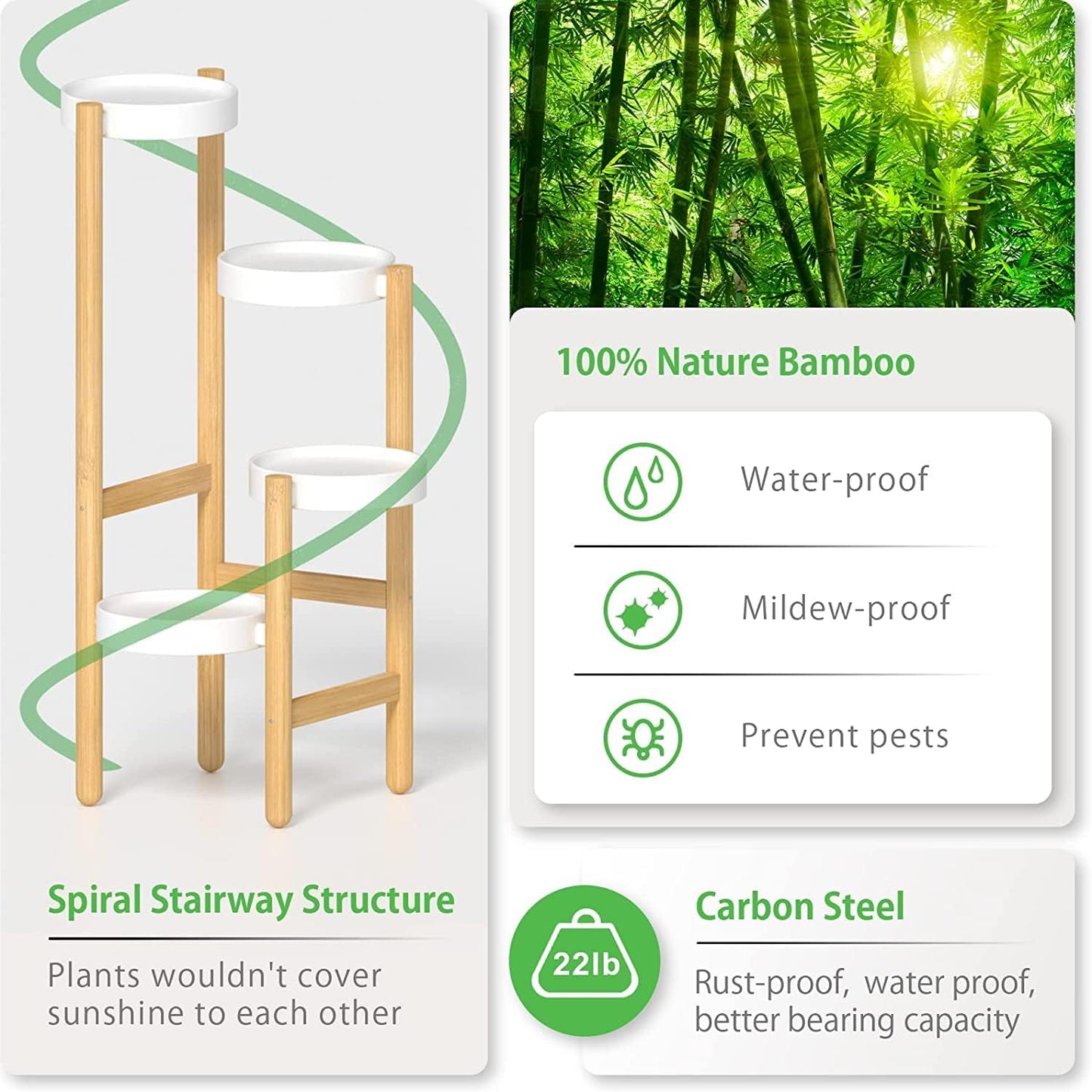Wisuce Bamboo Plant Stand Indoor, 4 Tier Tall Corner Plant Shelf Table | Easy-Clean Steel Top | Smooth Bamboo | Narrow