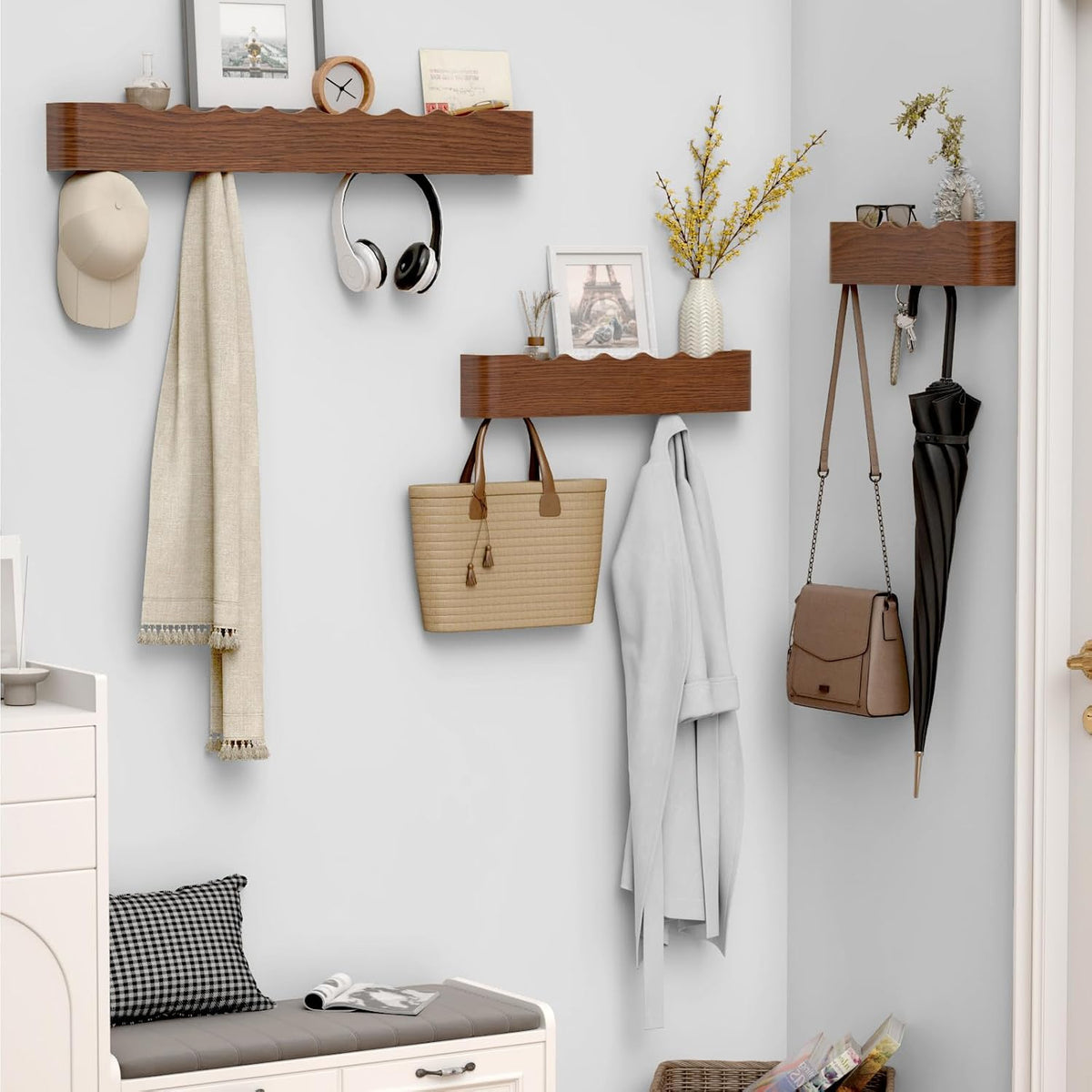 Coat Rack Wall Mount with Hidden Hooks, Wall Hooks with Shelf, Wall Key Holder Mount Wooden Shelf Entryway Hooks for