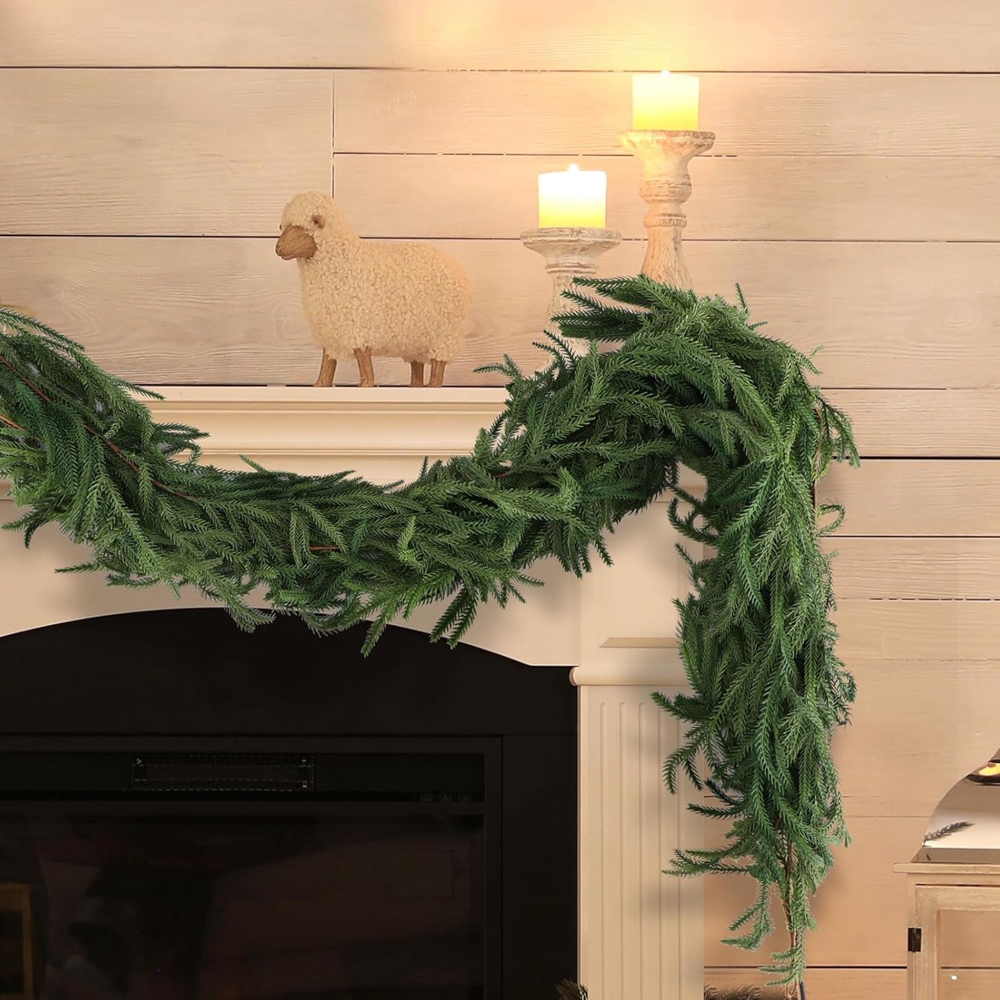 4 Pack Christmas Norfolk Pine Garlands 6FT, Real Touch Greenery | Full Evergreen Pine Garland for Mantle, Fireplace