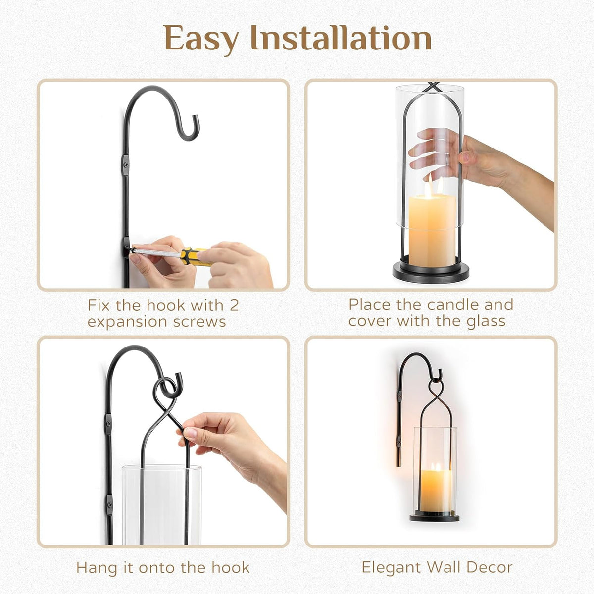 Black Candle Sconces Set of 2, with Hurricane Glass | Metal Wall Candle Holder, Wind-Proof Design, Table or Hanging