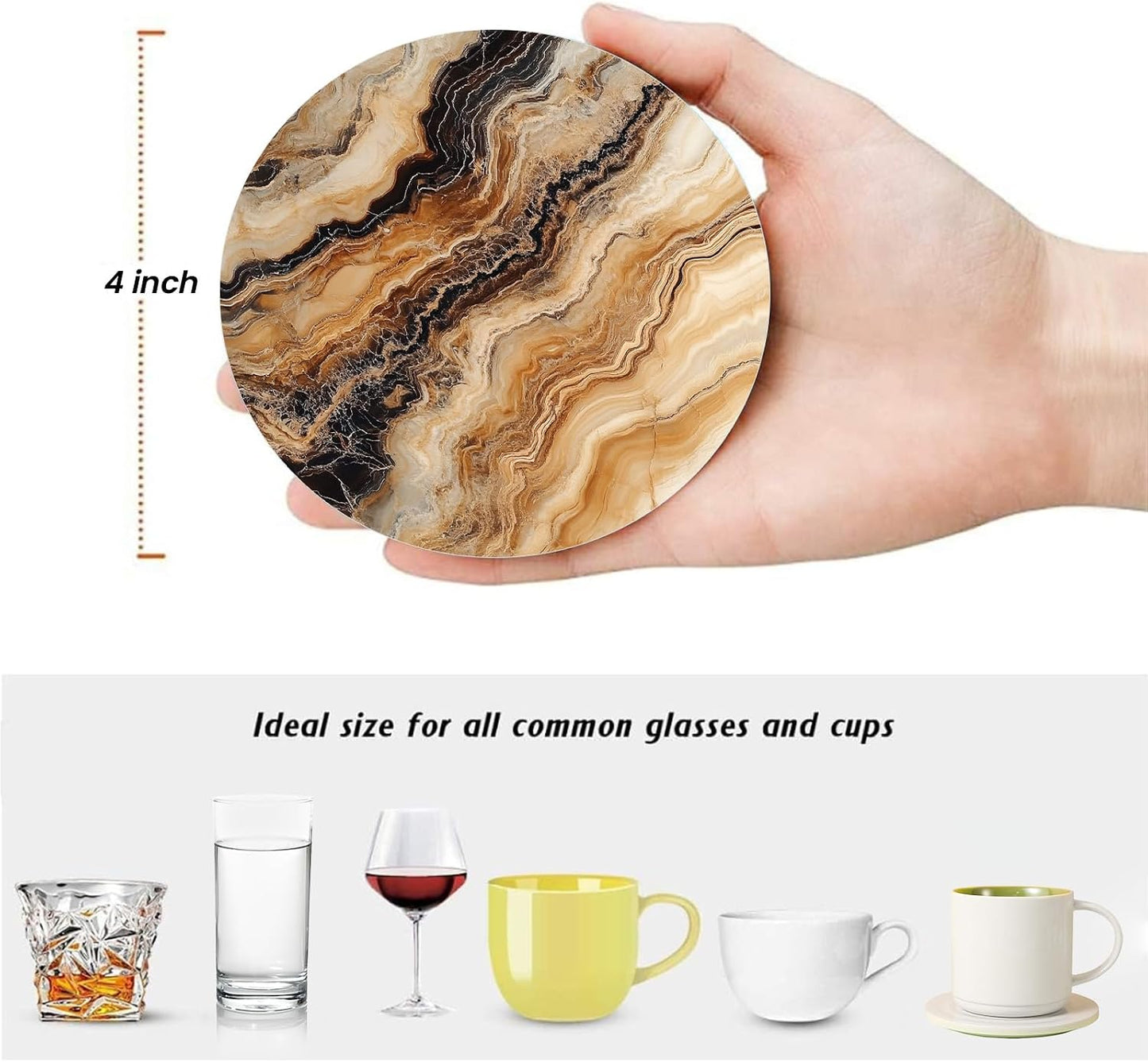 Metal Holder / Dark Brown Mixed Wave Marble / Set of 6