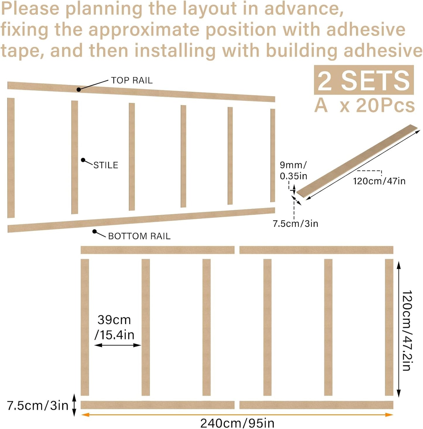 in Mdf Board and Batten Wall Panel Kit Premade Wainscoting Panels / 94.5 x 47.2 / Set of 2