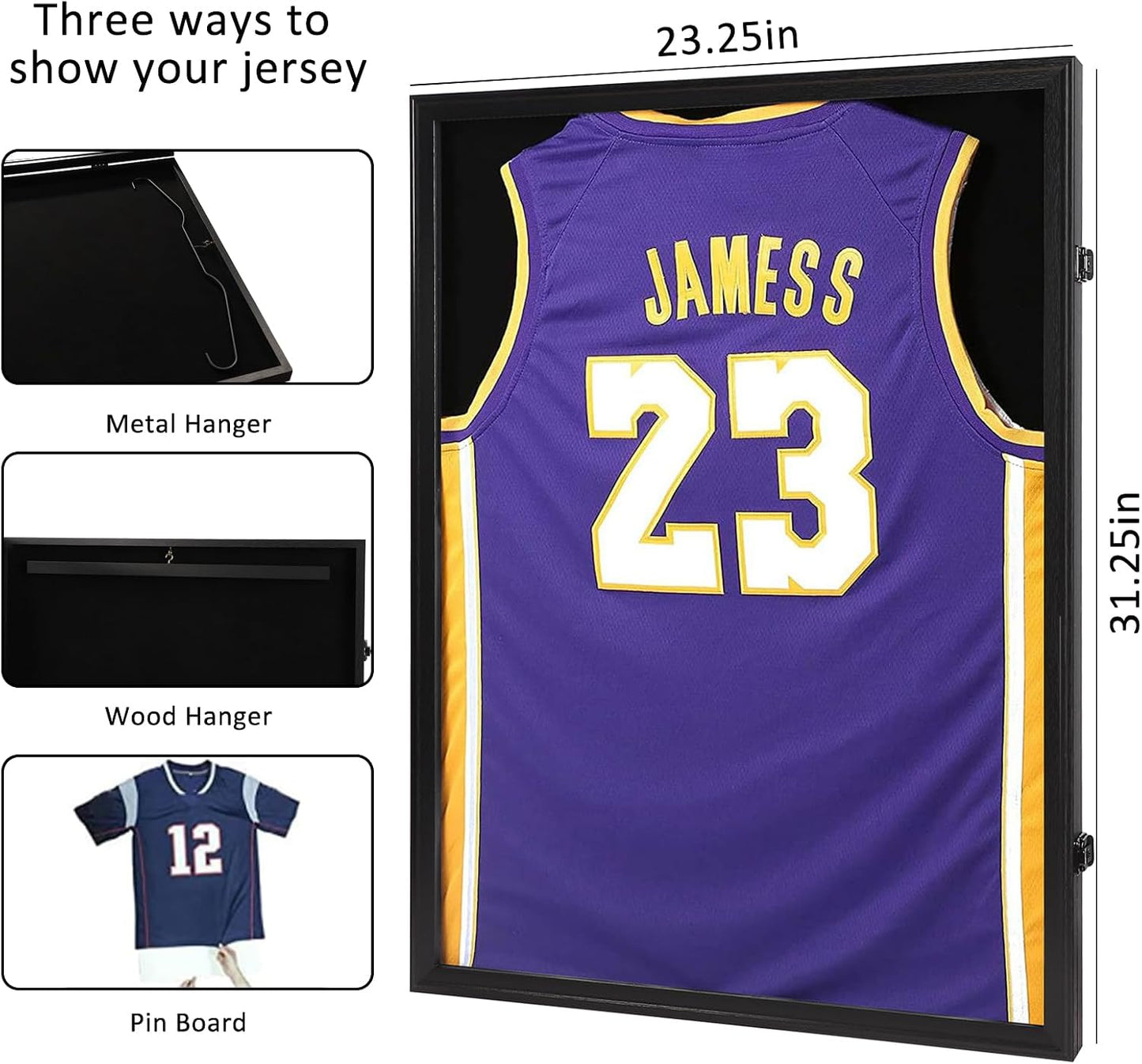 Jersey Frame Display Case, Black Locks Shadow Box Sports Jersey Frame with UV Protection Acrylic and 2 Hanger for