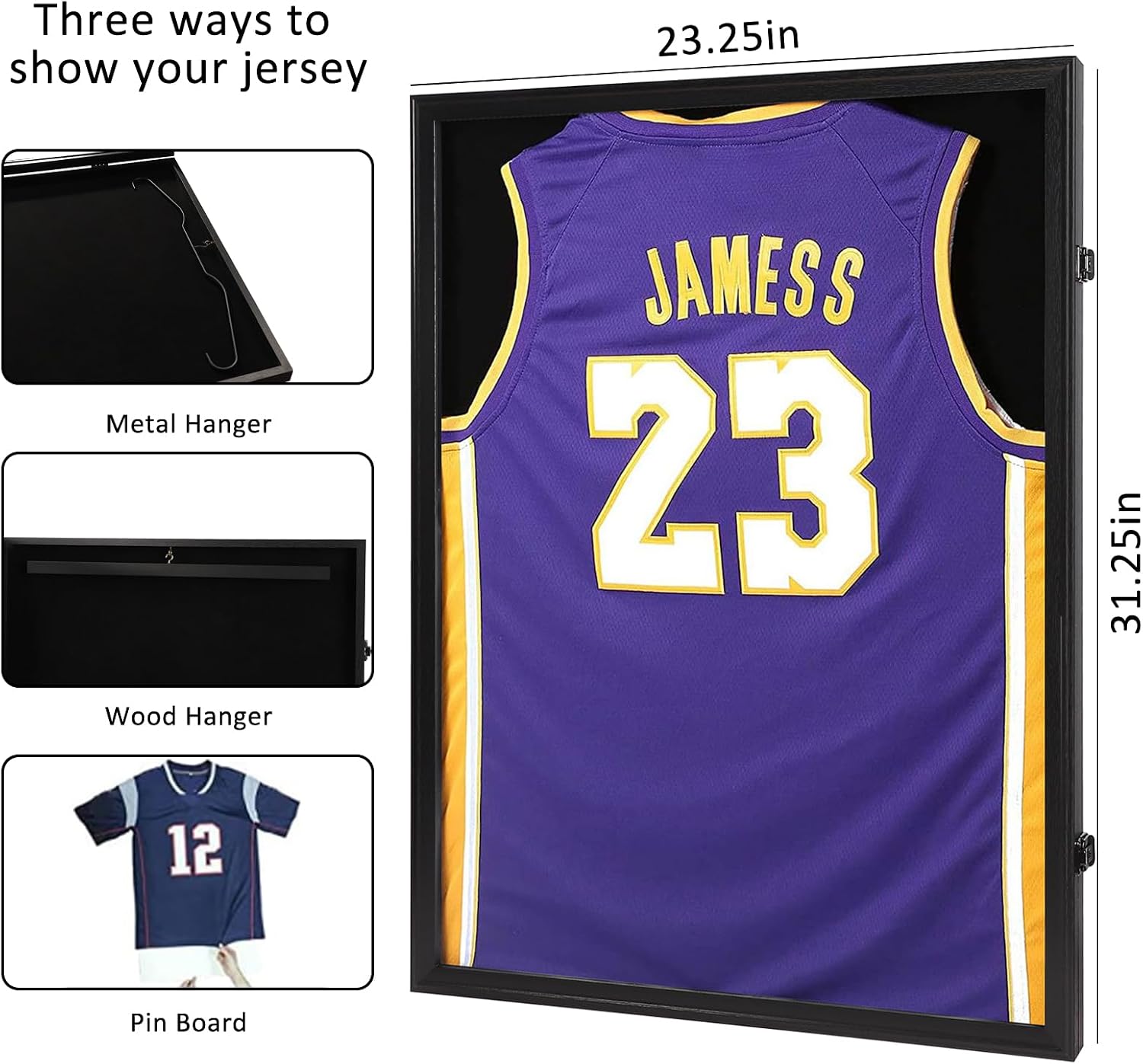 Jersey Frame Display Case, Black Locks Shadow Box Sports Jersey Frame with UV Protection Acrylic and 2 Hanger for