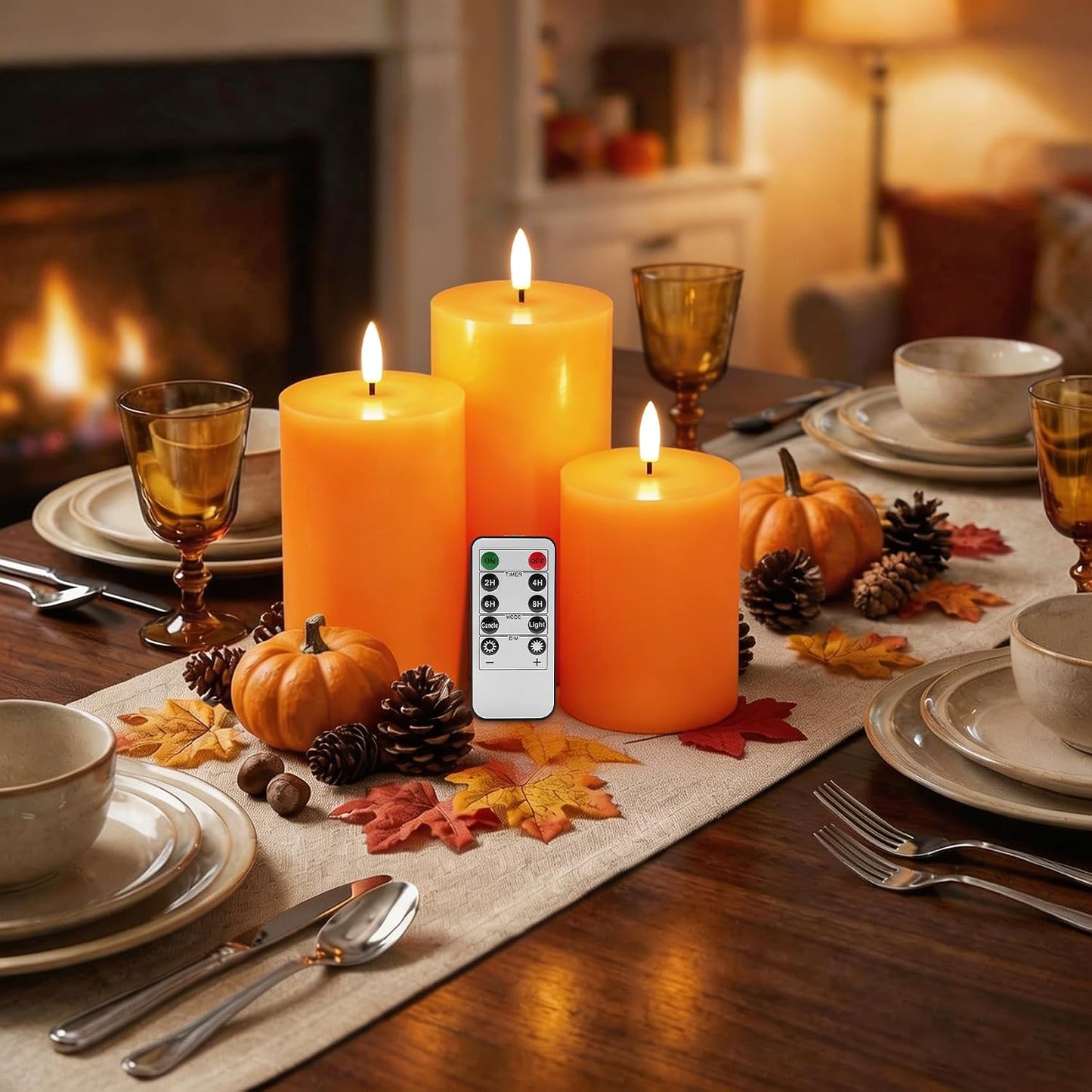 Orange Halloween Fall Flameless Pillar Candles with Remote Set of 3 | Flickering LED Wax Candles, Flat Top, 2 AA