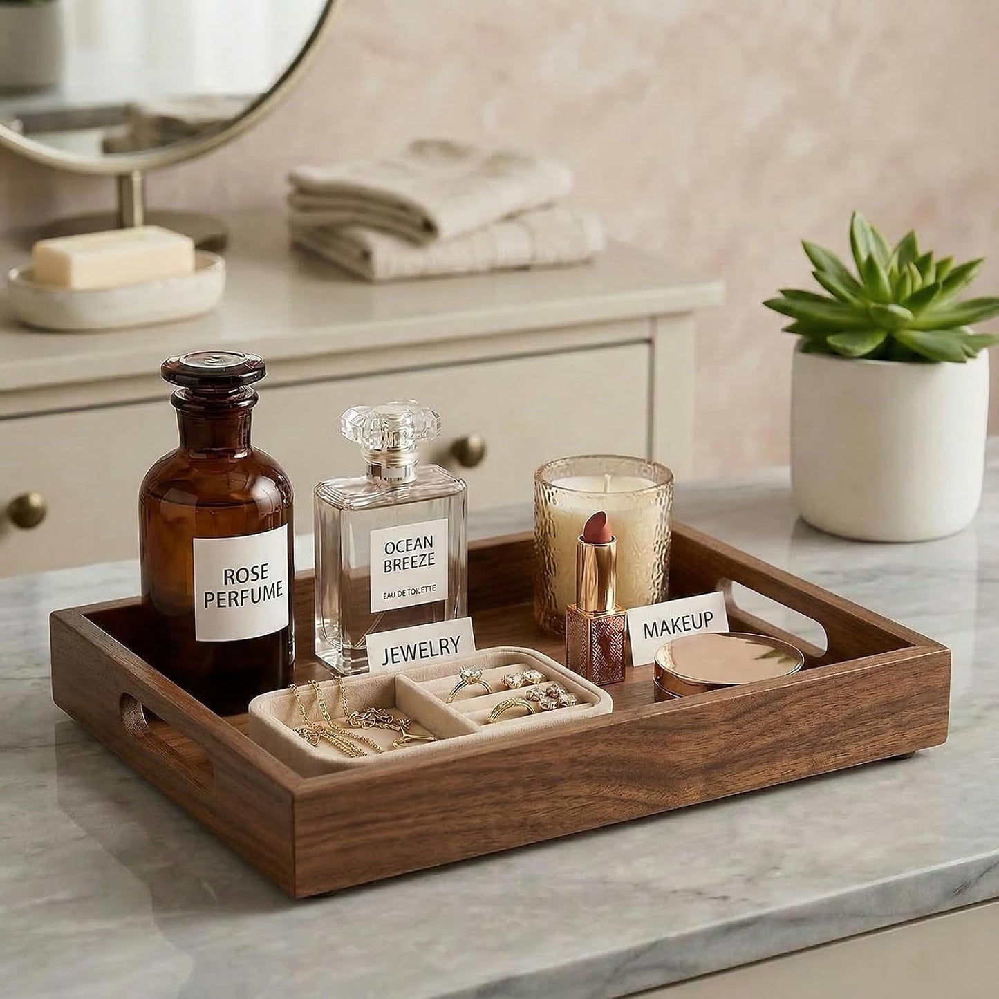Bamboo Wood Display Tray for Dresser / Vintage / Natural / 11.4 x 7.9