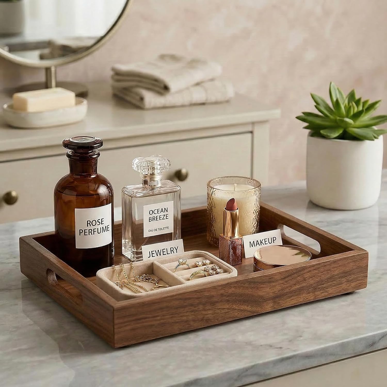 Bamboo Wood Display Tray for Dresser / Vintage / Natural / 11.4 x 7.9