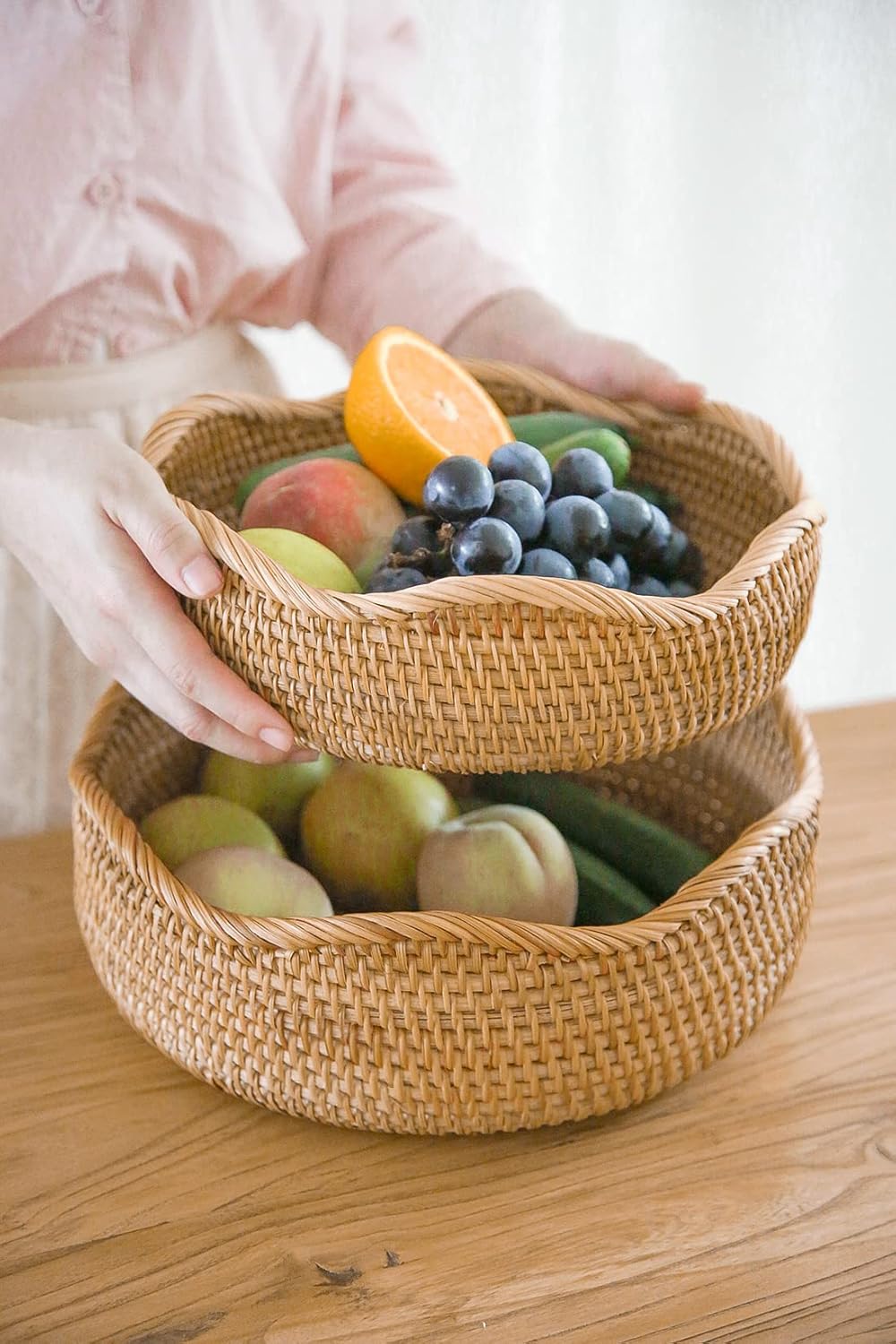 Handmade Rattan Bread Baskets Round Wicker Fruit Serving Storage Bowls / Medium / Natural