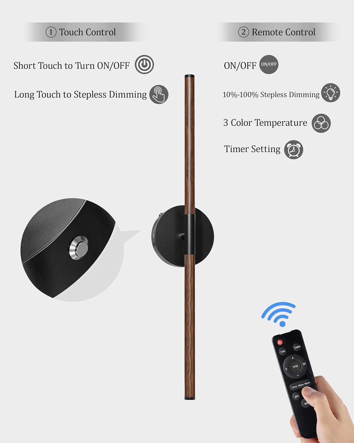 32" Battery Operated Wall Sconce Set of 2, 350° Rotating Lamp, Walnut Black | Wireless, 8000mAh Rechargeable Battery