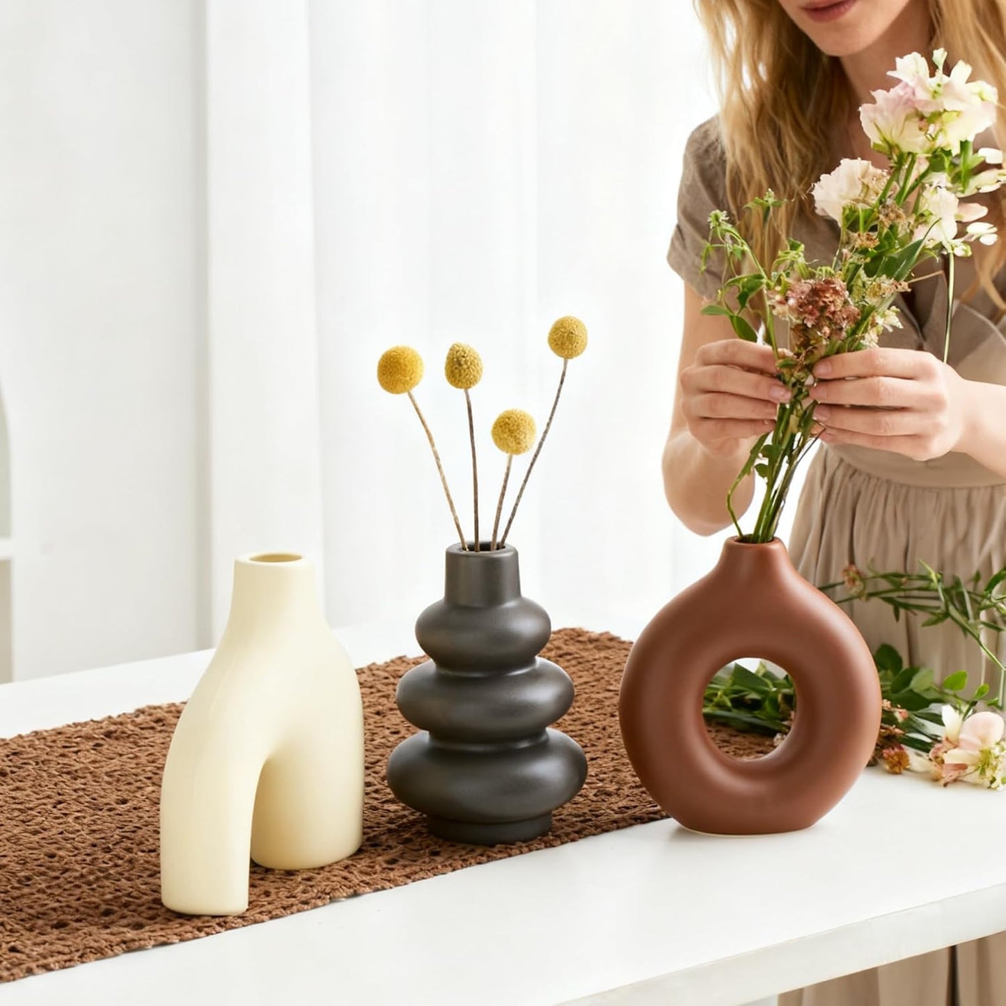 Modern Ceramic Decorative Vase / Cream Matte and Brown / Set of 3