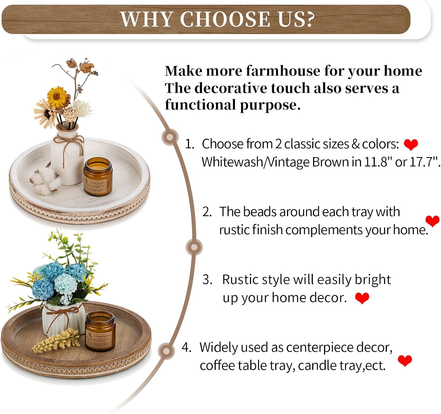 10.5- Round Whitewashed Wood Tray for Rustic Farmhouse Living Room Kitchen / 11.8 / White Washed