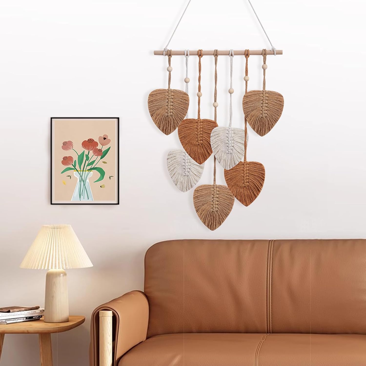 Boho Wall Decor Woven Feather Handmade Yarn Tassels Leaf Macrame Wall Art / Brown