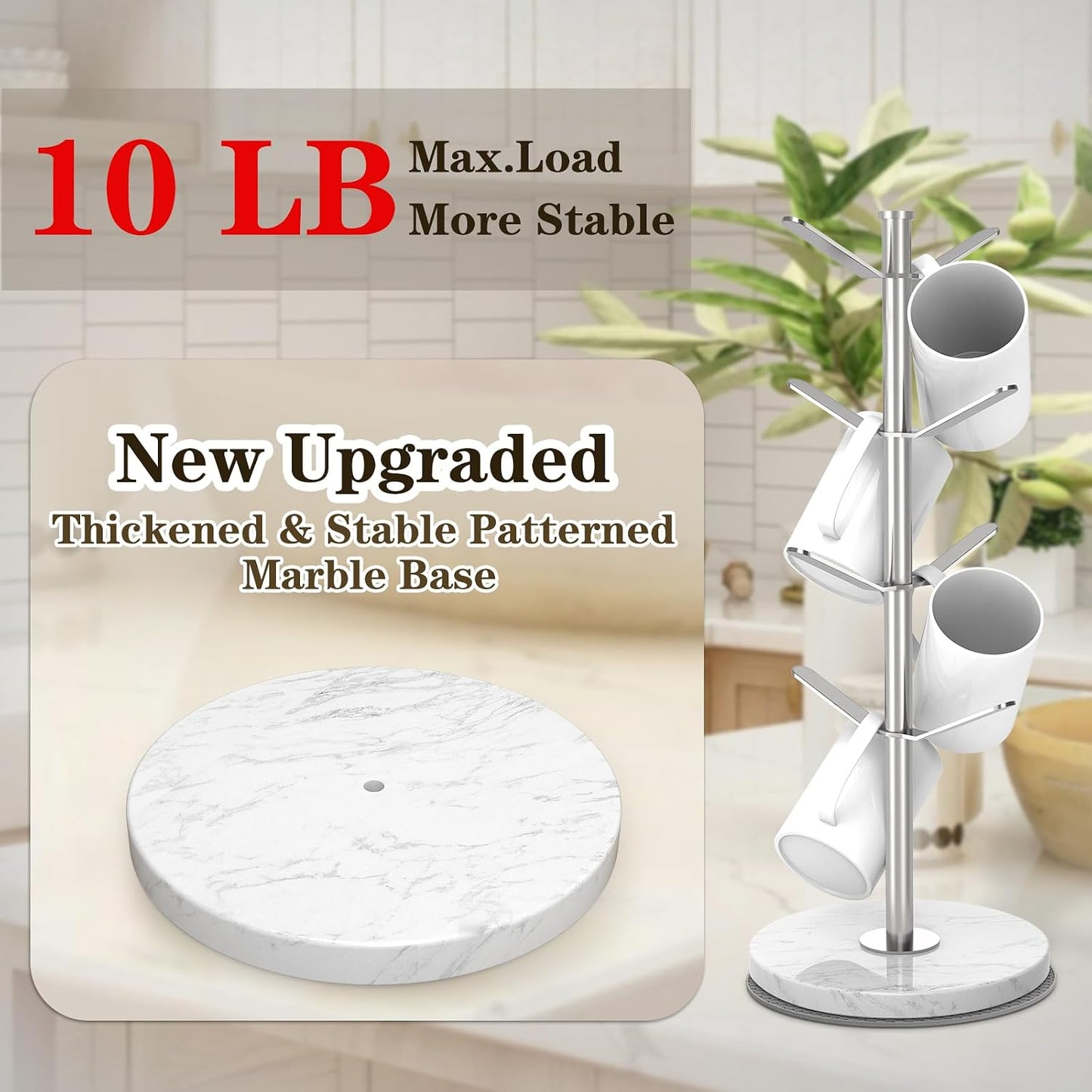 Silver Marble Mug Holder Tree with 2–8 Adjustable Hooks | Detachable Stainless Steel Coffee Cup Stand with Modular