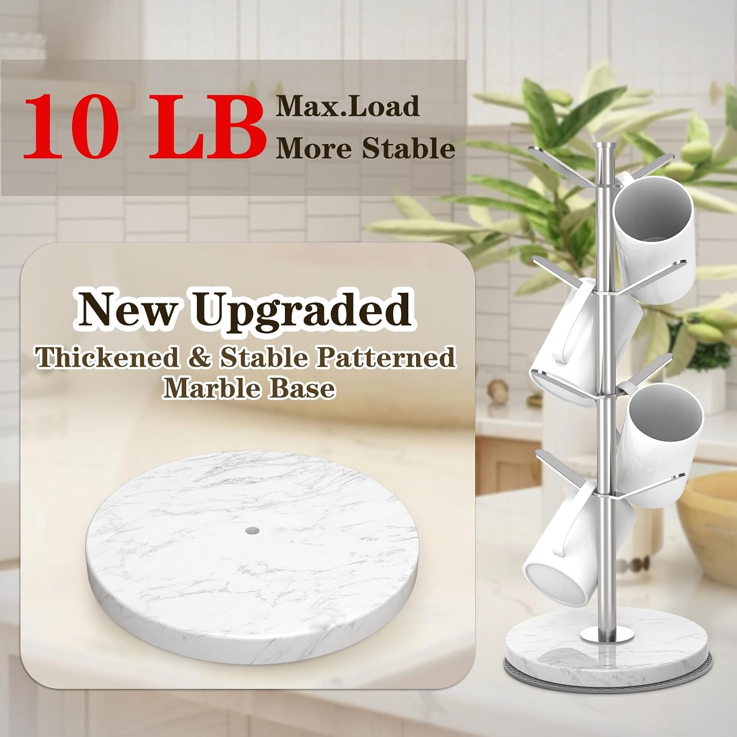 Silver Marble Mug Holder Tree with 2–8 Adjustable Hooks | Detachable Stainless Steel Coffee Cup Stand with Modular