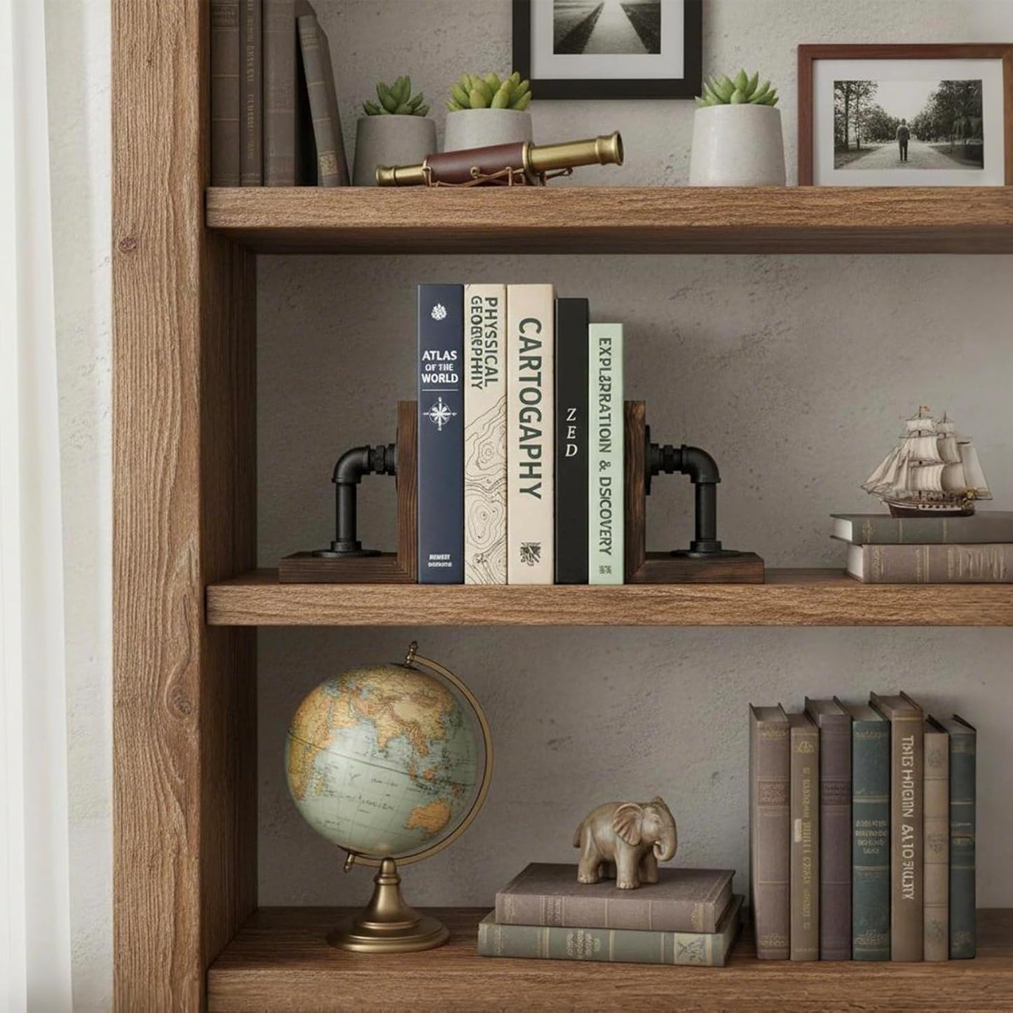 Wood Book / Metal Bookends for Heavy Books / Dark Brown
