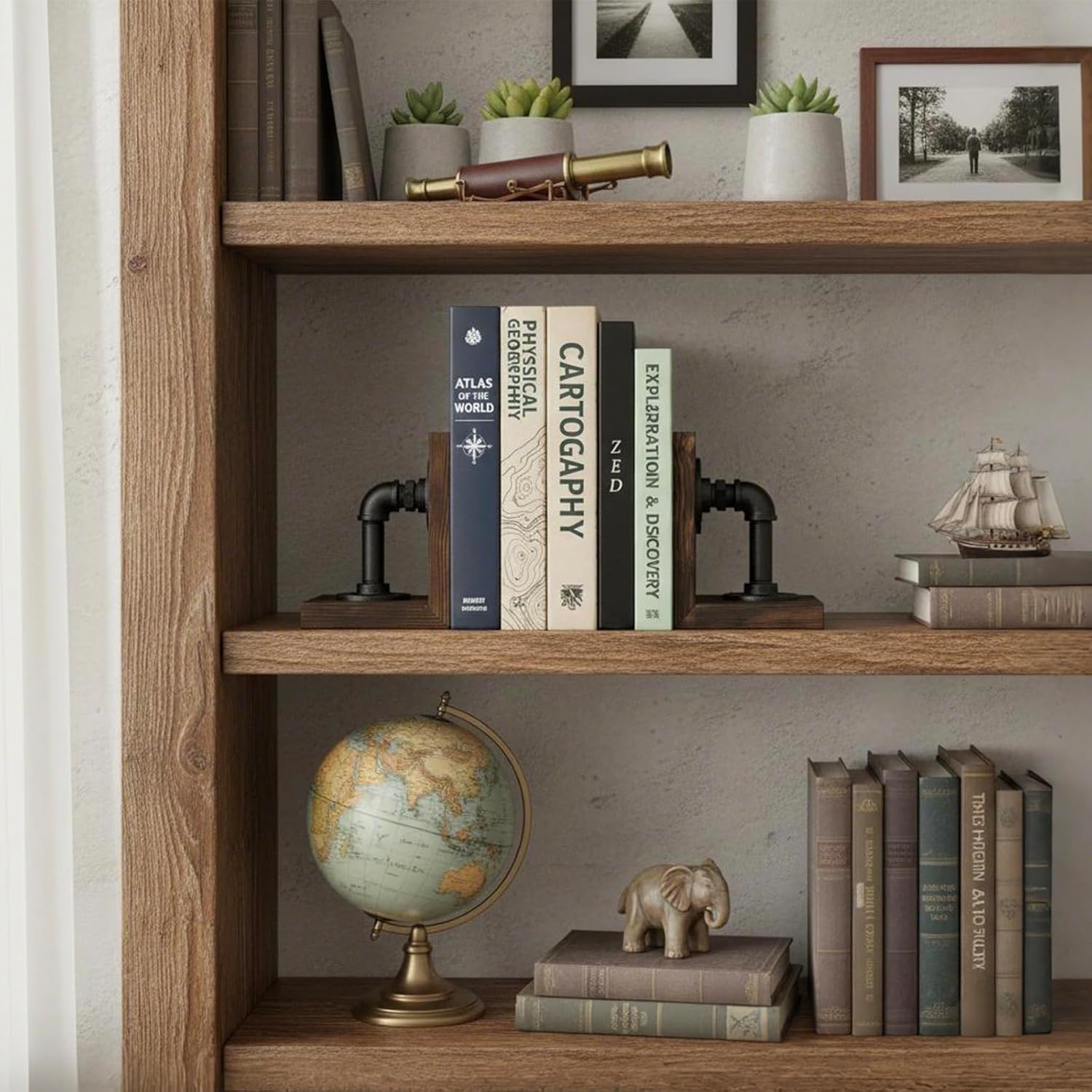 Wood Book / Metal Bookends for Heavy Books / Dark Brown