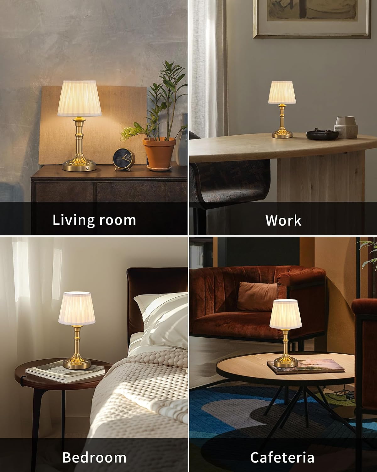KDG Gold Cordless Portables Table Lamp, Beige Fabric Shade Small Desk Lamp | 4000mAh Battery Powered, LED Lighting