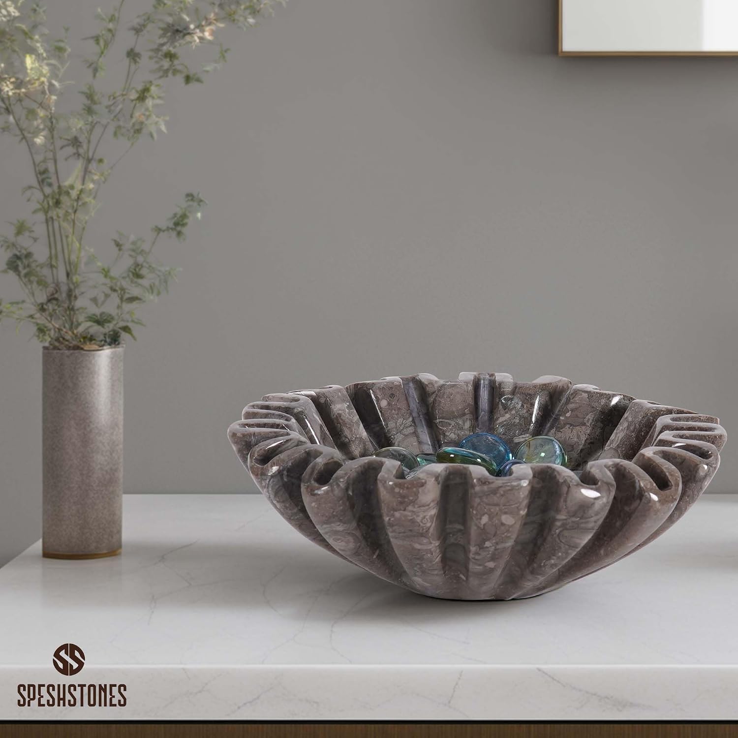 Marble Scalloped Bowl Handmade Stone Ruffle Bowl / Oceanic / 6 Inches