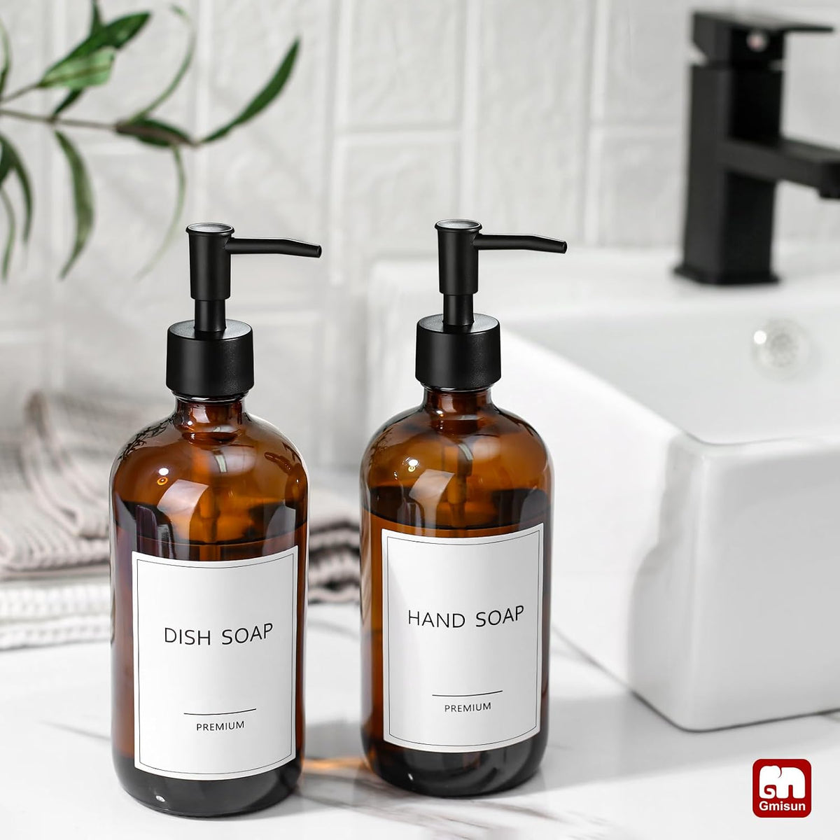 GMISUN Amber Glass Soap Dispenser, 2 Pack Bathroom Hand Soap Dispensers with Stainless Steel Pump, 17 Fl Oz Kitchen