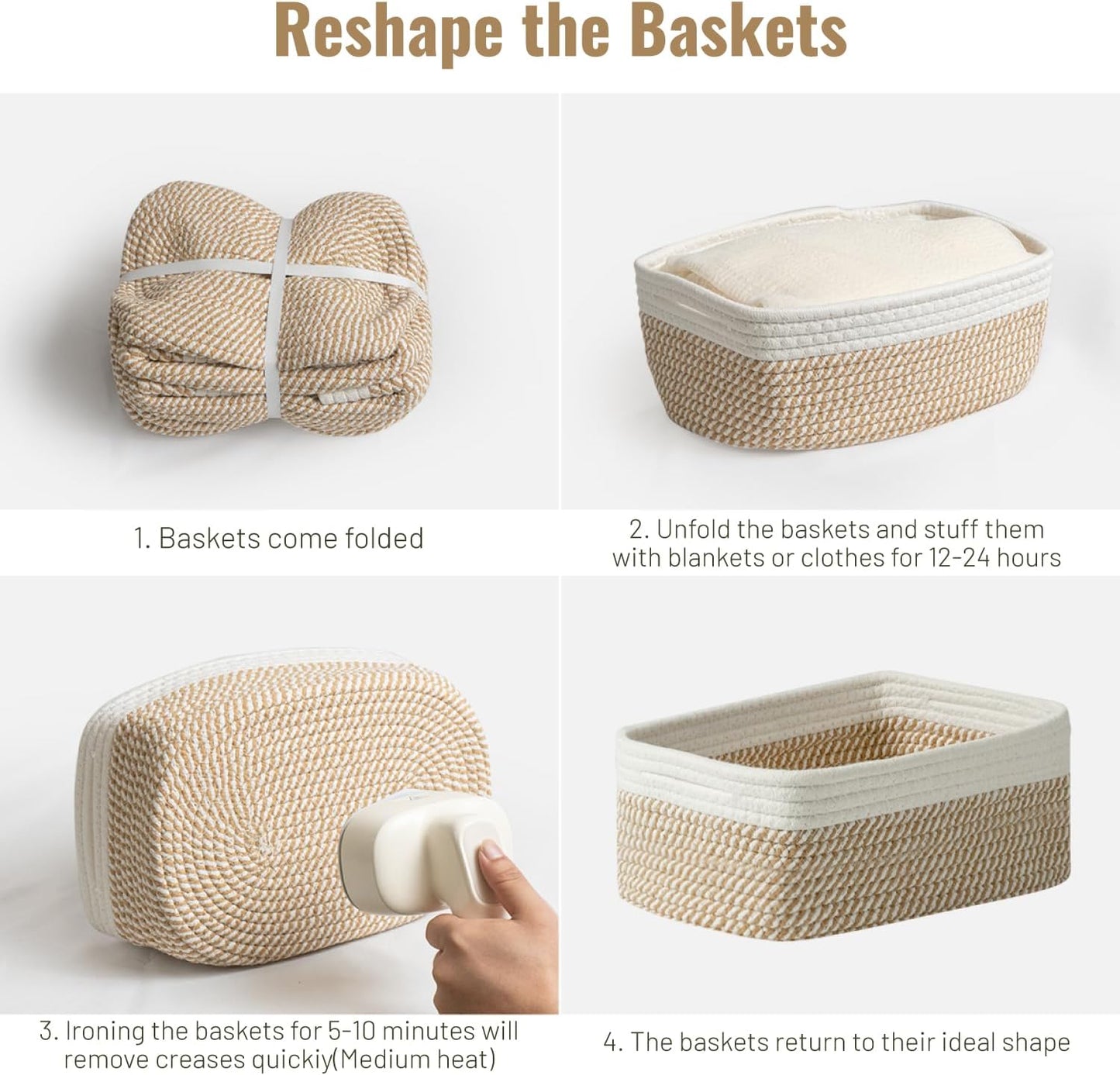 Small Woven Storage Baskets / Khaki & White / Set of 5