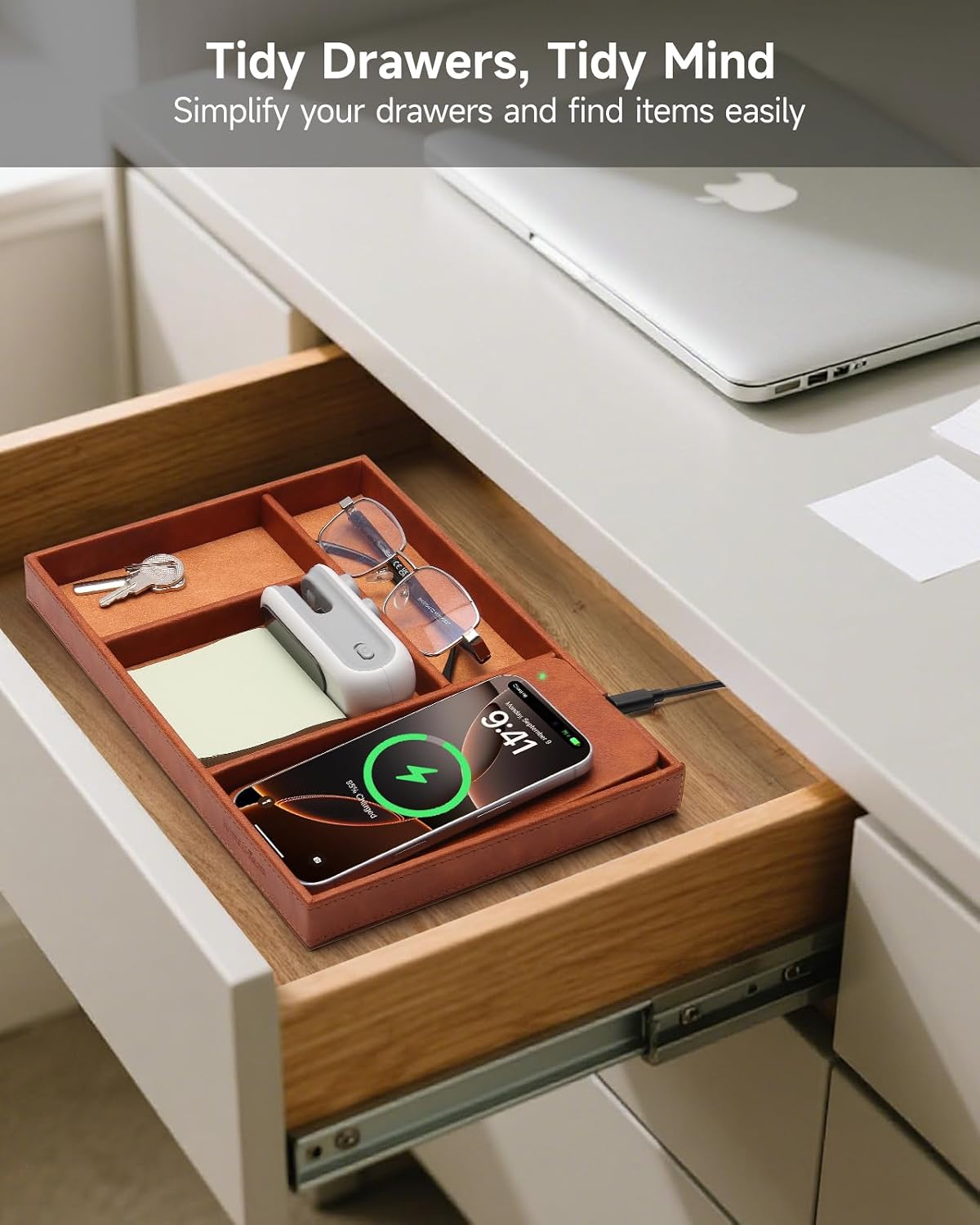 Valet Tray, Built in Wireless Charging Pad, Nightstand Organizer | Two-Toned Premium Leather Desk Bedside Caddy