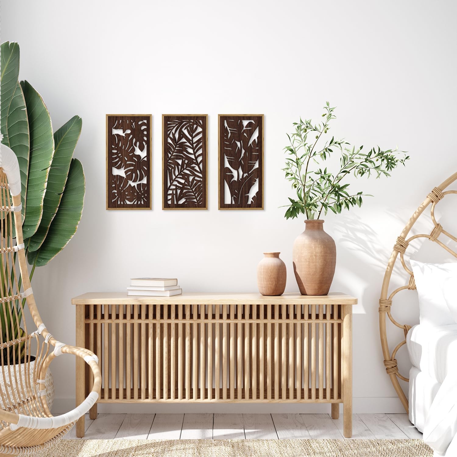 Vintage Leaf Plant Hanging Wood Plaque Wall / Tropical Leaf Wooden Wall Art / Set of 3