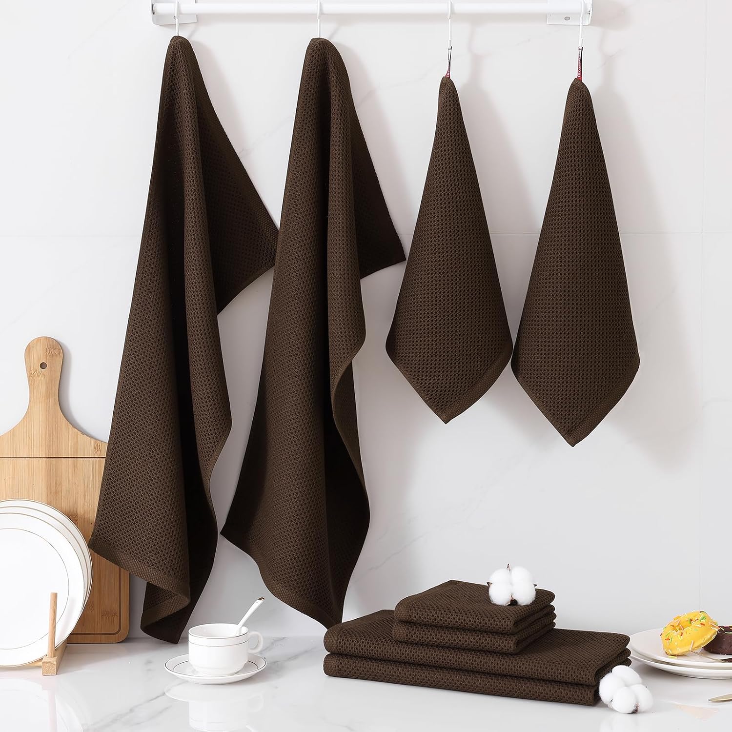 Homaxy 8 Pack 100% Cotton Kitchen Towels and Dishcloths Set, Dark Brown | 12 x 12 Inches and 13 x 28 Inches Kitchen