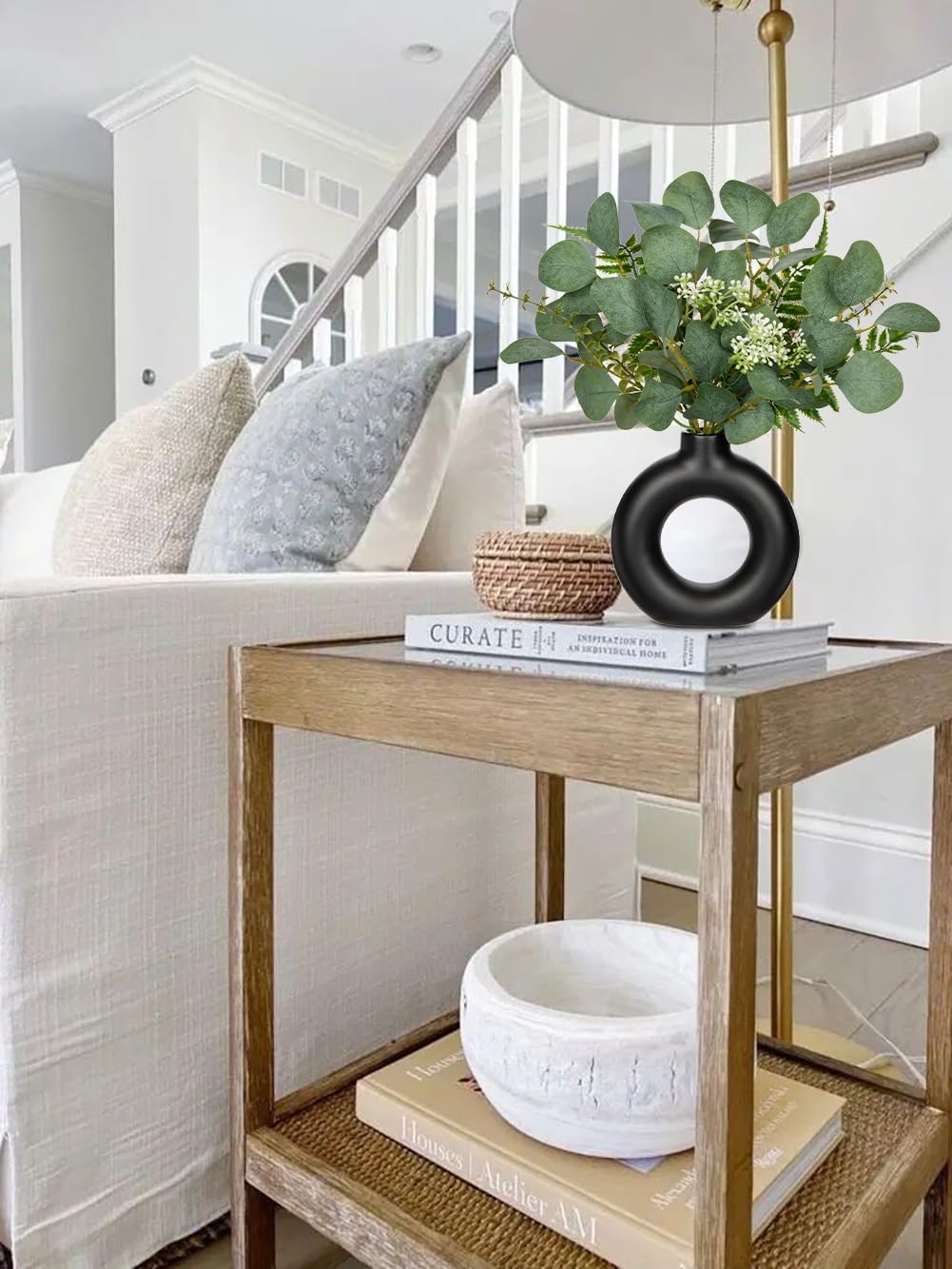 Artificial Eucalyptus Stems in Ceramic Vase 14.23" Fake Eucalyptus Plant Decor Donut Vase / Black