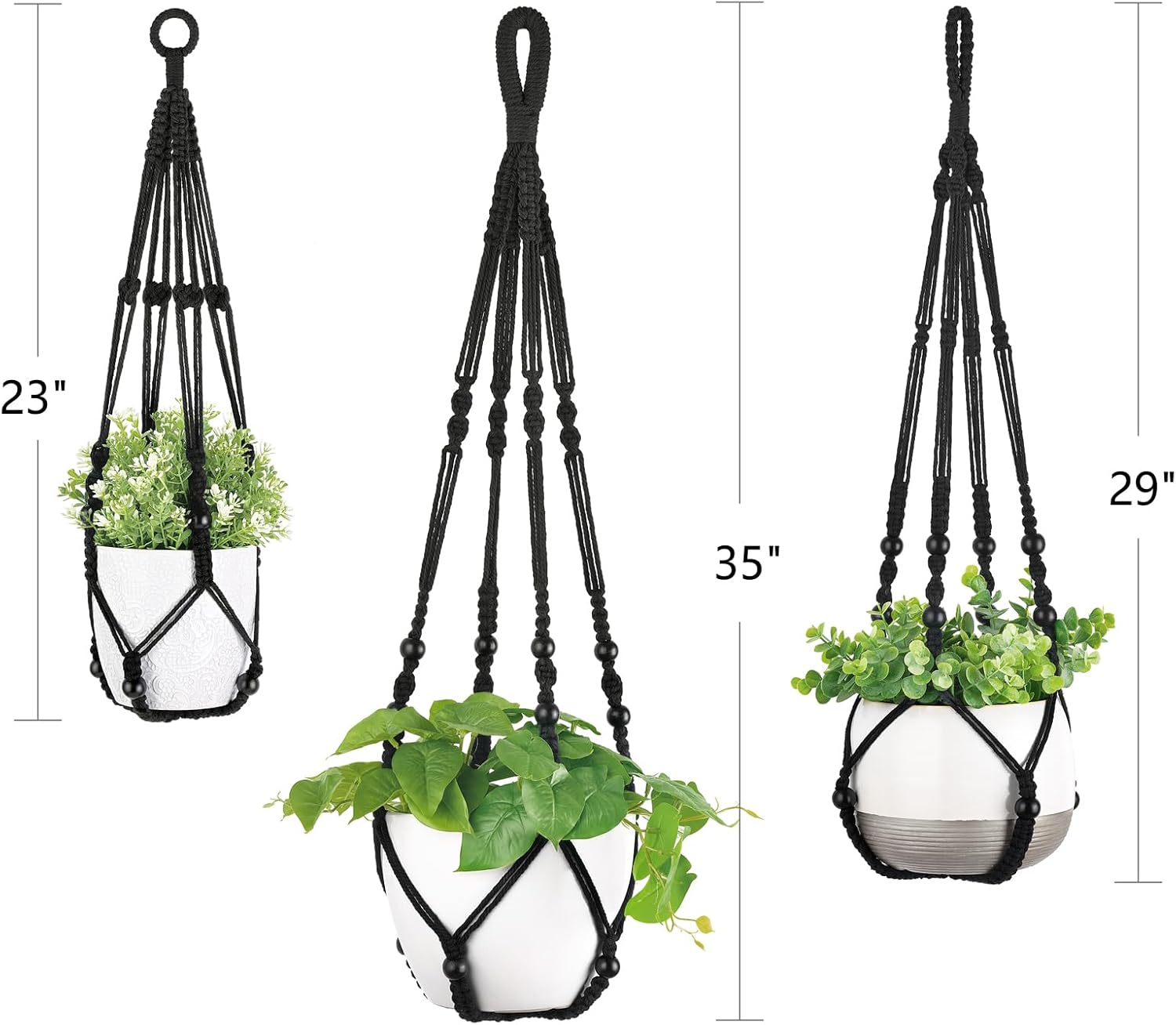 Macrame Plant Hangers Indoor Different Size Hanging Planter Basket / Medium / Black / Set of 3