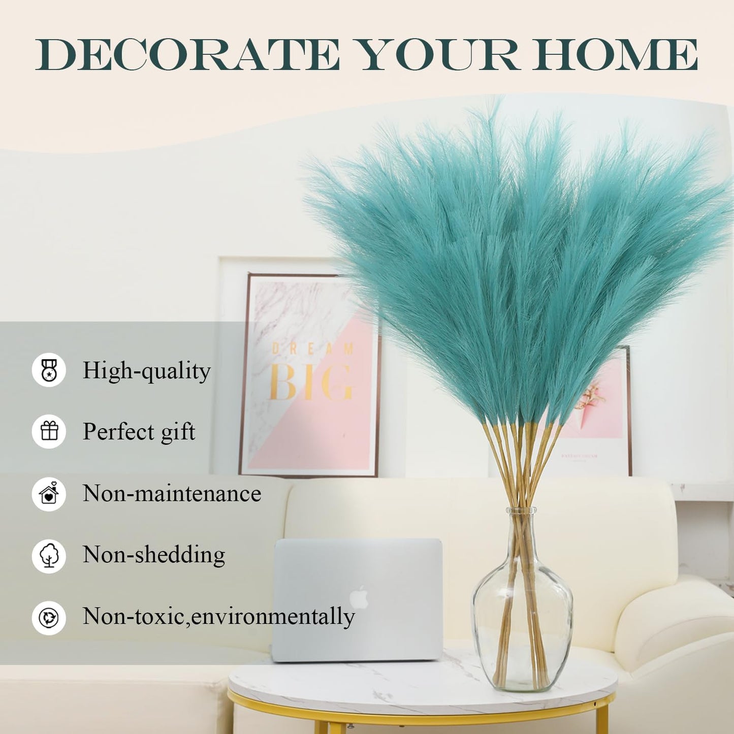 Faux Pampas Grass Flower Arrangement and Vase Filler for Boho Home Wedding / Lake Blue / Set of 8