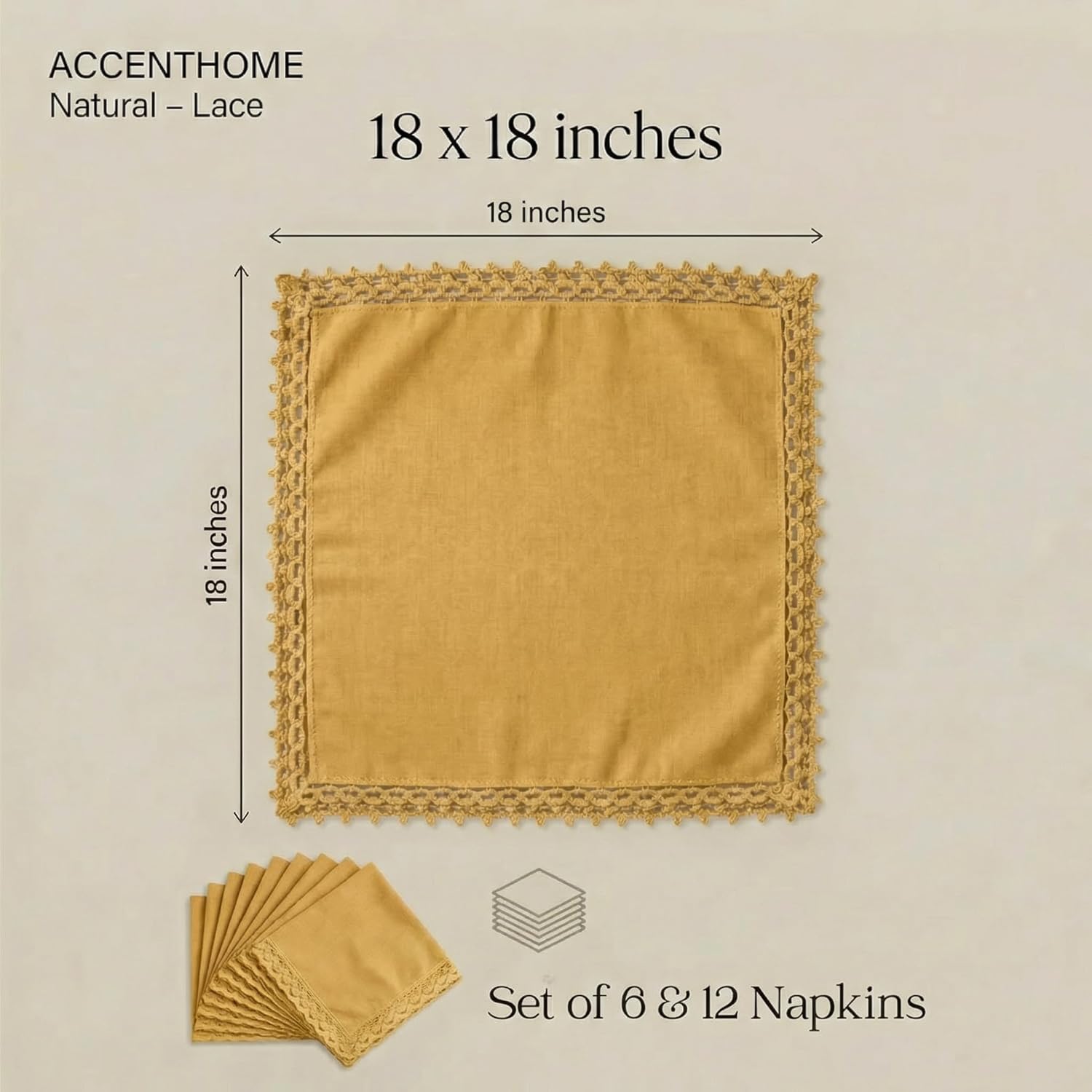 ACCENTHOME Mustard Set of 12 18x18 inch Cotton Linen Dinner Napkins | Cotton Linen Blend Napkins, Machine Wash On