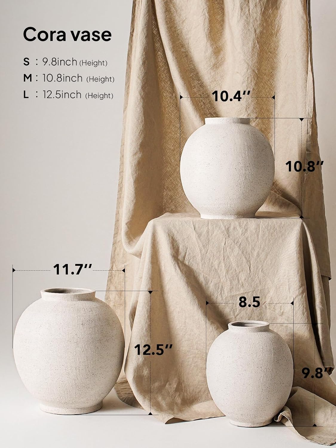 Large White Ceramic Vase / Sandstone White / 9.8 Inch