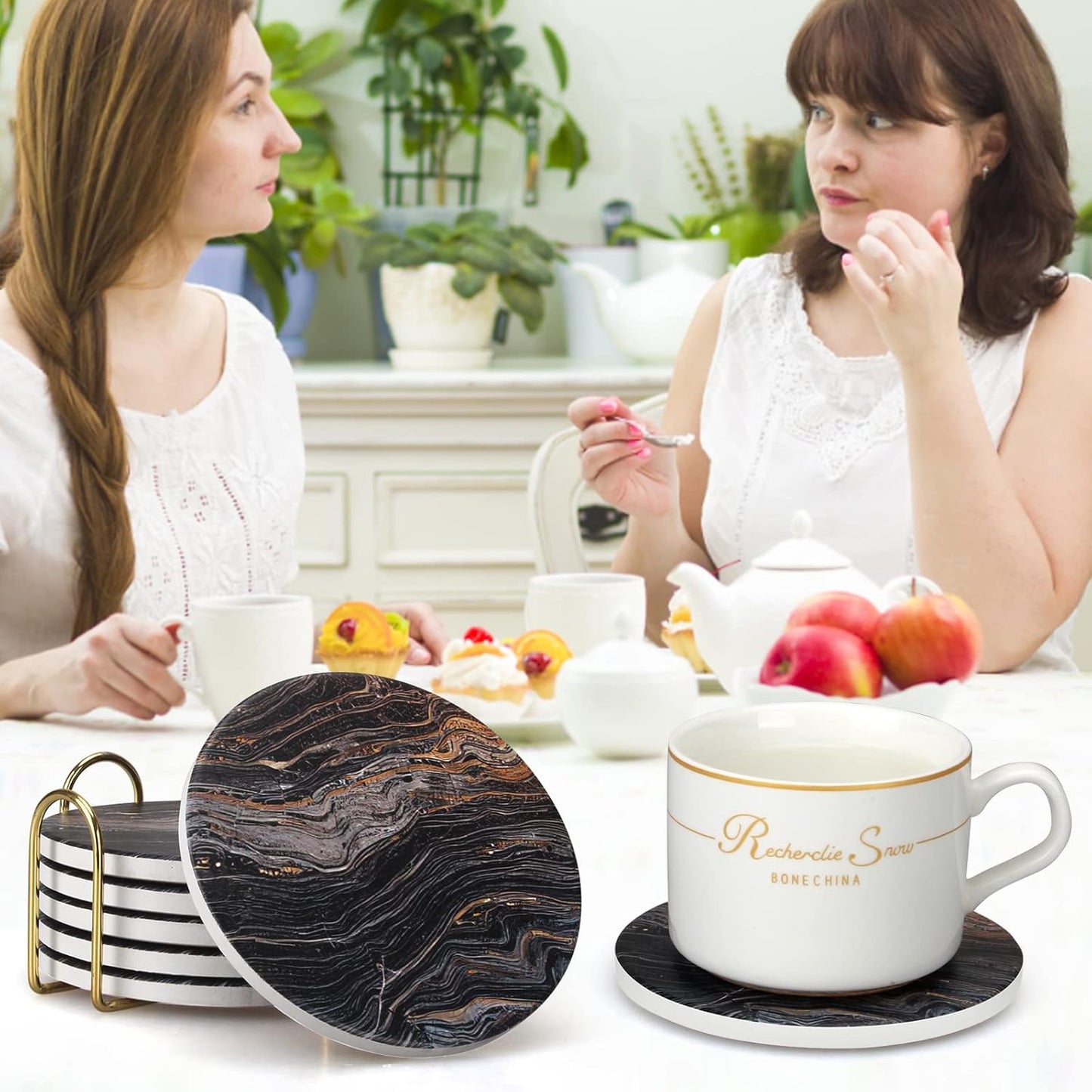 Holder Best Absorbent Drink Coasters Round Ceramic Table Coasters Set / Black Marble / Set of 6