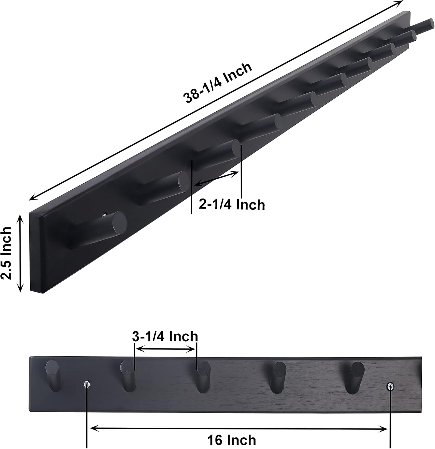 SKOLOO Wall Mounted Coat Rack 38", 10 Hooks, Bamboo, Shaker Style, Black | Wood wall hooks, painted finish, 100-lb cap