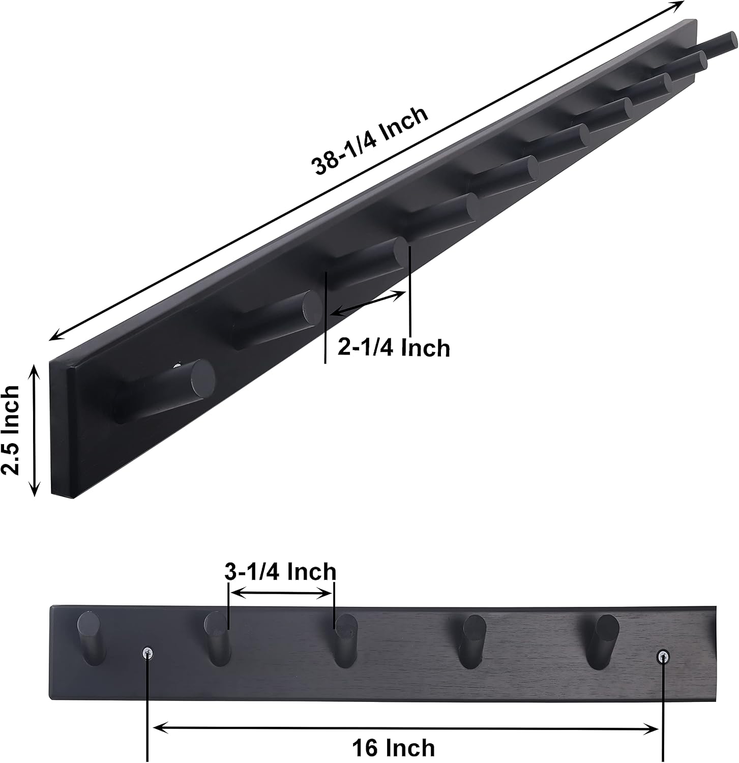 SKOLOO Wall Mounted Coat Rack 38", 10 Hooks, Bamboo, Shaker Style, Black | Wood wall hooks, painted finish, 100-lb cap