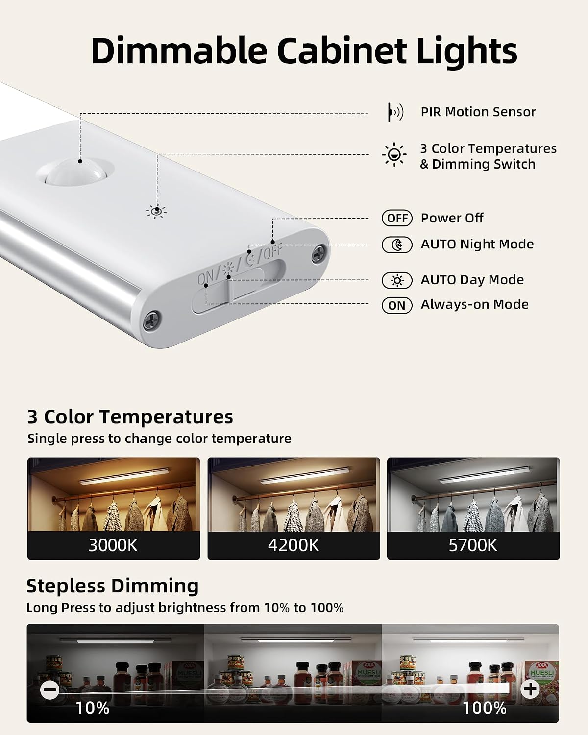 EZVALO Under Cabinet Lighting Motion Sensor Lights with Extra Battery | 2200mAh Long-Lasting Battery, 76 LEDs Dimmable