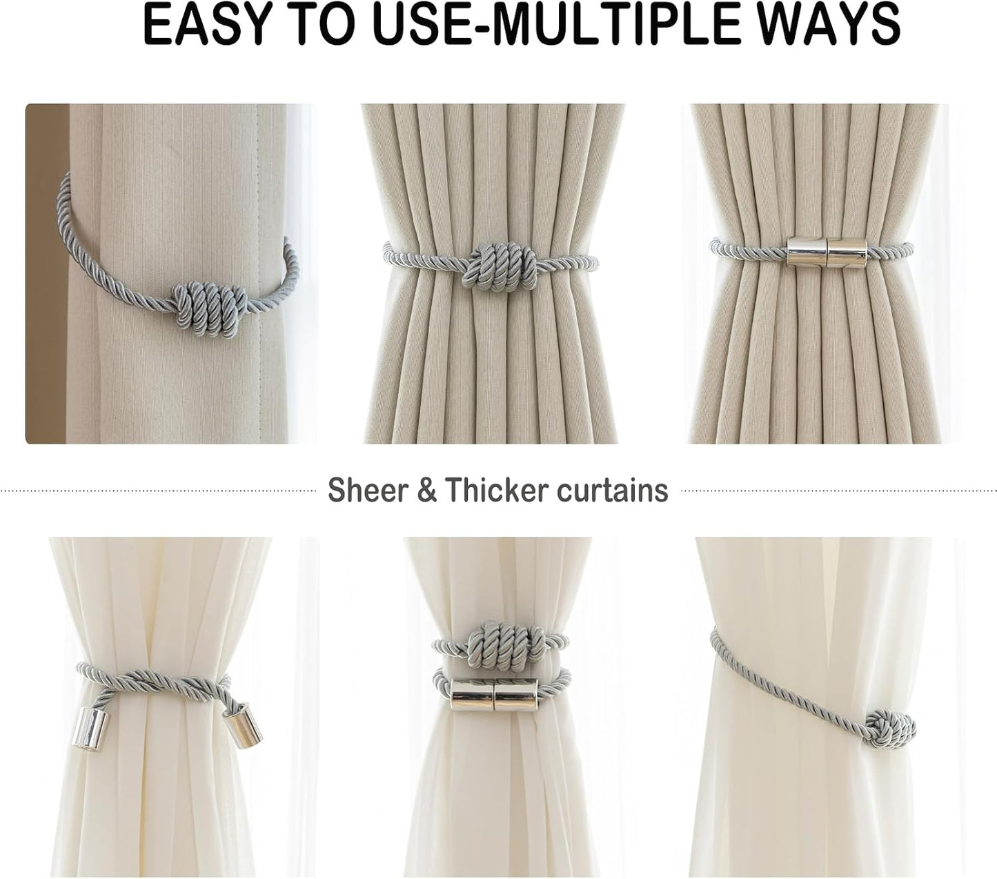 Curtain Tiebacks Magnetic Decorative Rope Tie Backs Holdbacks Contoeey | 8 Pack Grey Modern Elegant Window Treatment